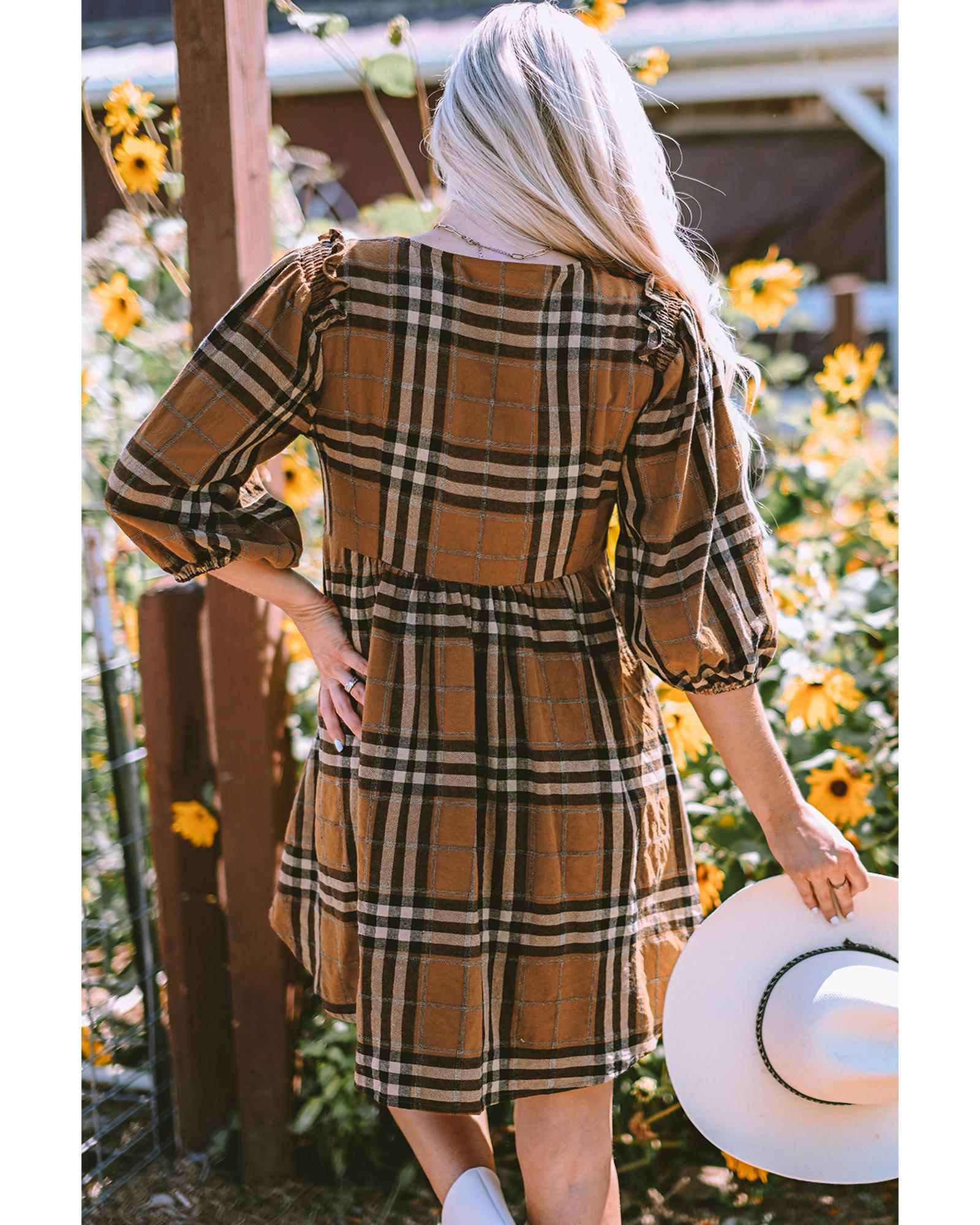 V539-AZEXDC6117629-17-S-202506141132-05 Brown Plaid Pattern Empire Waist Babydoll Dress - S - Image 6