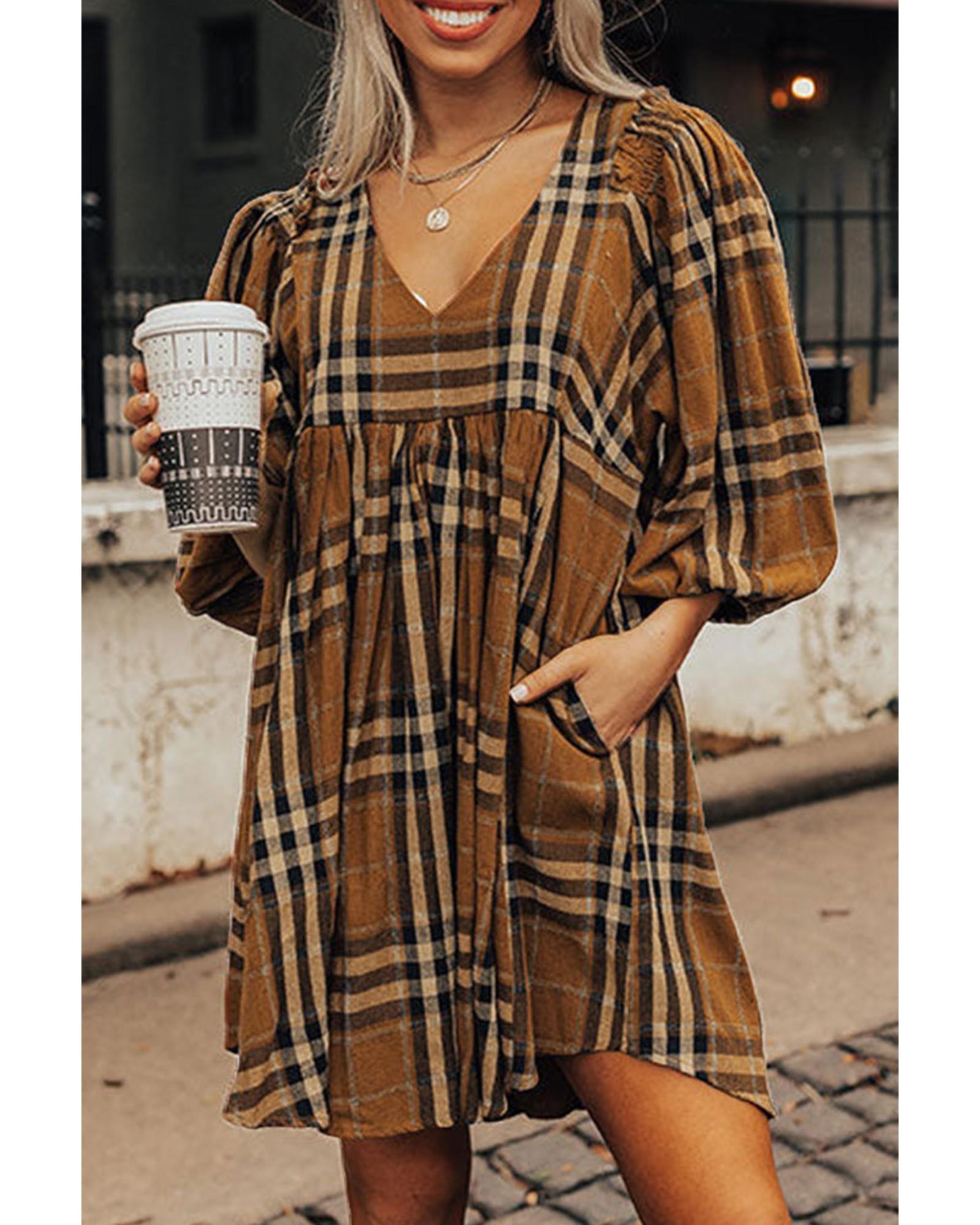V539-AZEXDC6117629-17-S-202506141132-06 Brown Plaid Pattern Empire Waist Babydoll Dress - S - Image 7