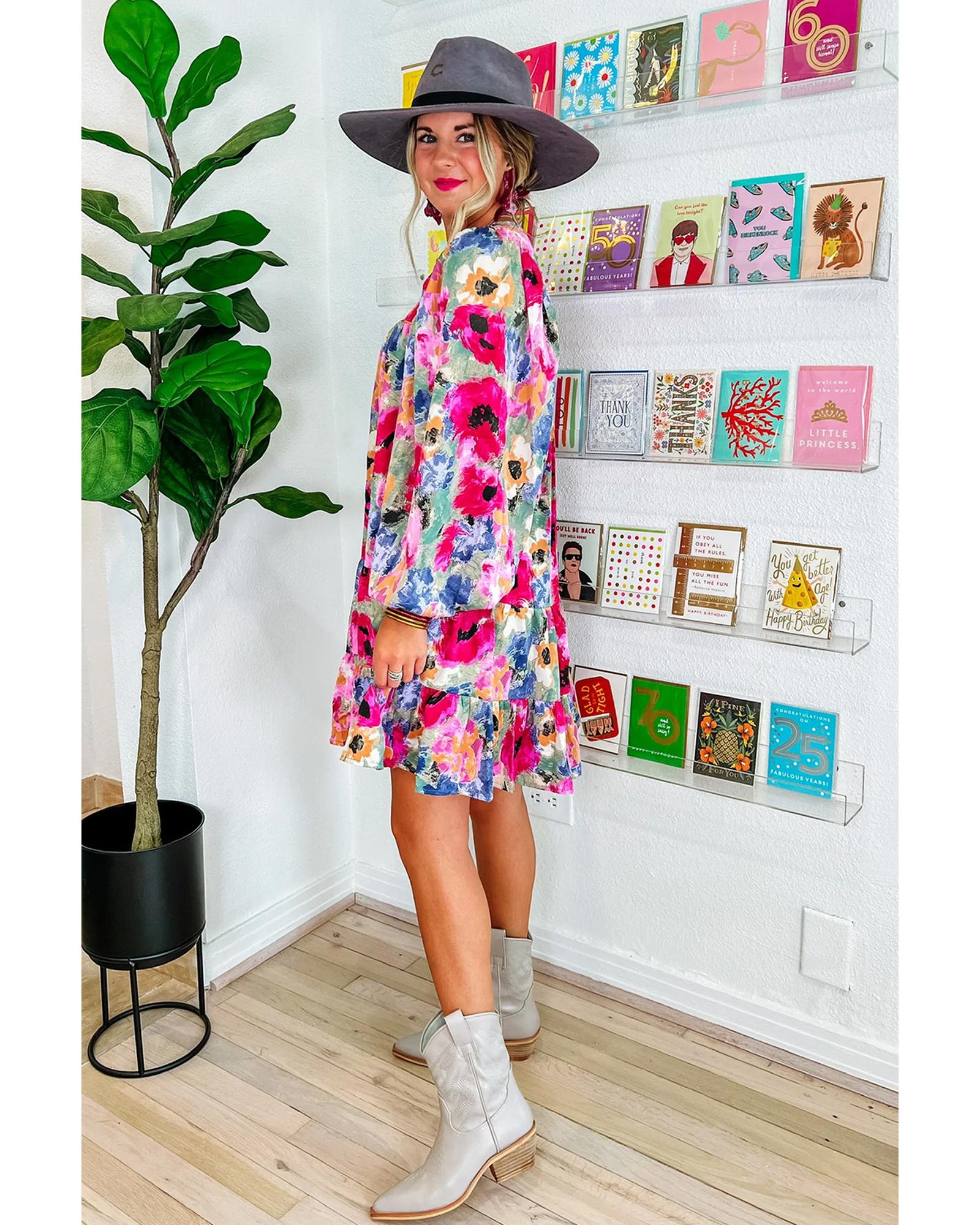 V539-AZEXDC6118071-P22-M-202508292055-00 Multicolour Floral Tie Neck Bubble Sleeve Shift Dress - M - Image 1