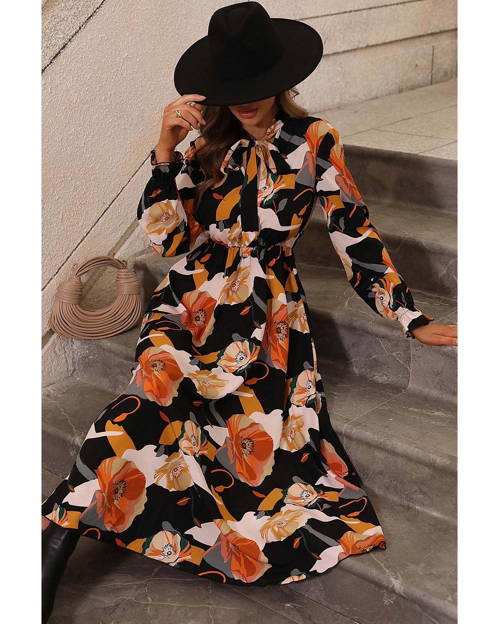 V539-AZEXDC6118562-P1422-M-202508300655-00 Orange Floral Print Tie Neck Long Sleeve Dress - M - Image 1