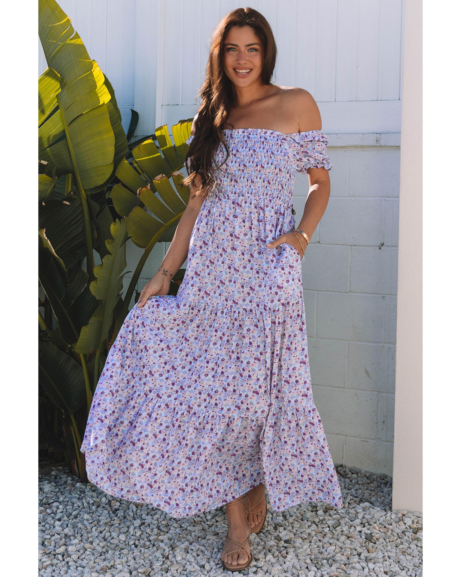 V539-AZEXDC6119041-P820-XL-202508300235-00 Purple Floral Short Bubble Sleeve Shirred High Waist Maxi Dress - XL - Image 1