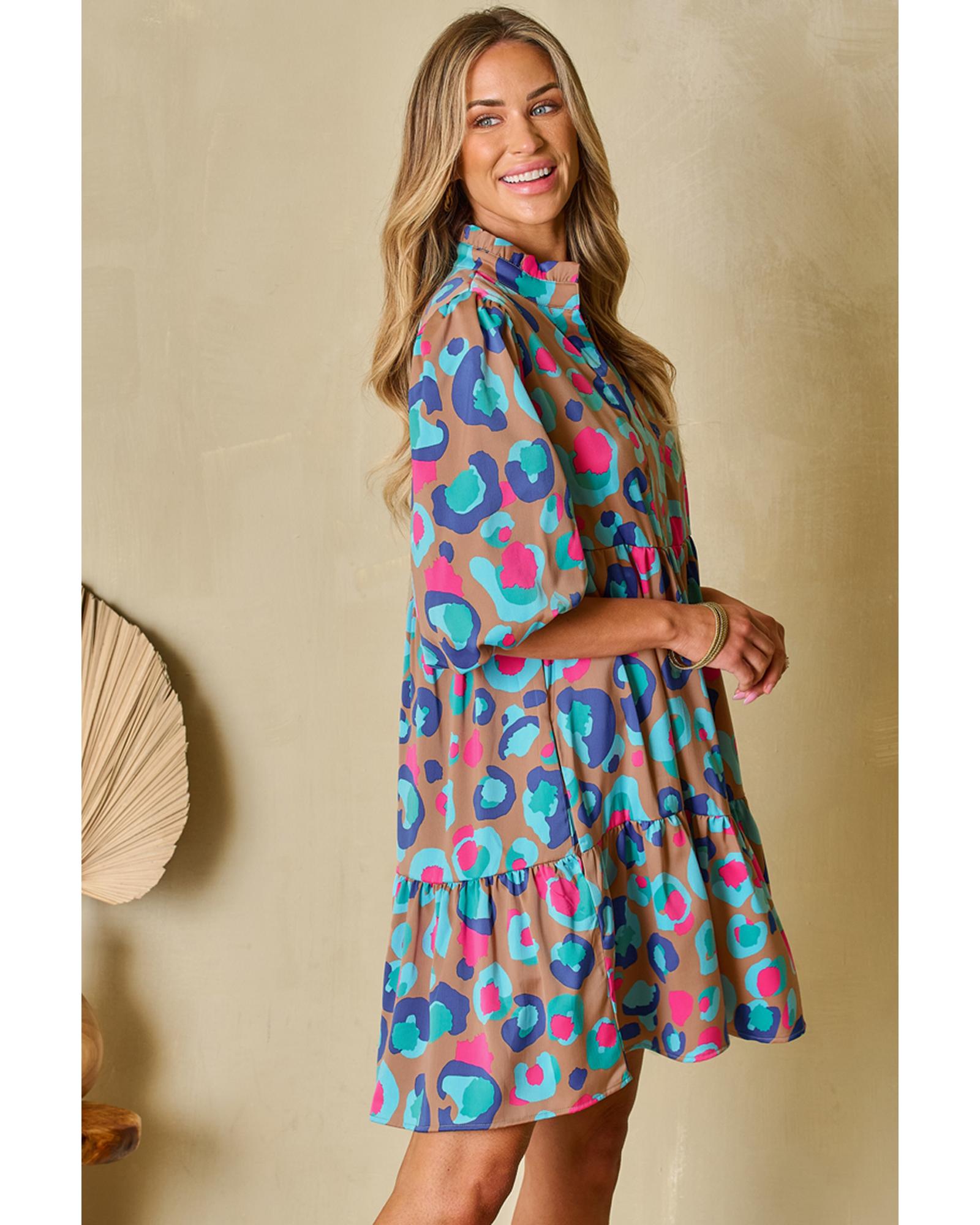 V539-AZEXDC6119216-P920-XL-202508292235-00 Green Leopard Print Bubble Sleeve Slit Neck Ruffled Dress - XL - Image 1