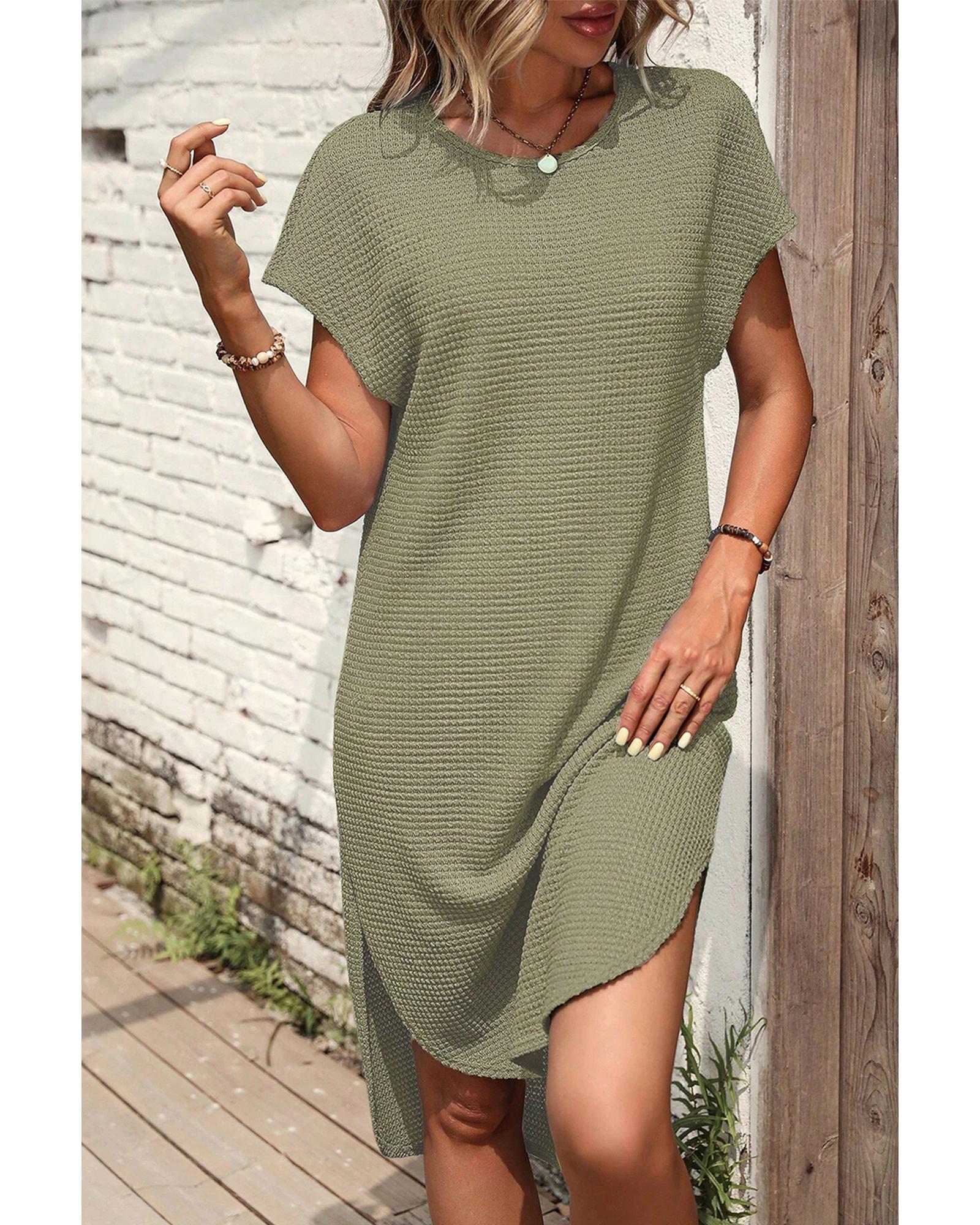 V539-AZEXDC6119256-P609-M-202508300020-01 Jungle Green Waffle Texture Curved Hem Side Slit T-shirt Dress - M - Image 2
