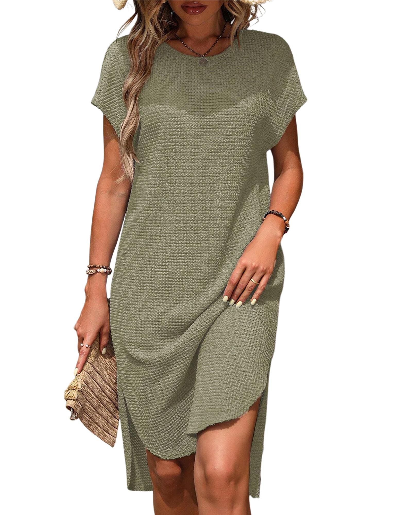 V539-AZEXDC6119256-P609-M-202508300020-02 Jungle Green Waffle Texture Curved Hem Side Slit T-shirt Dress - M - Image 3