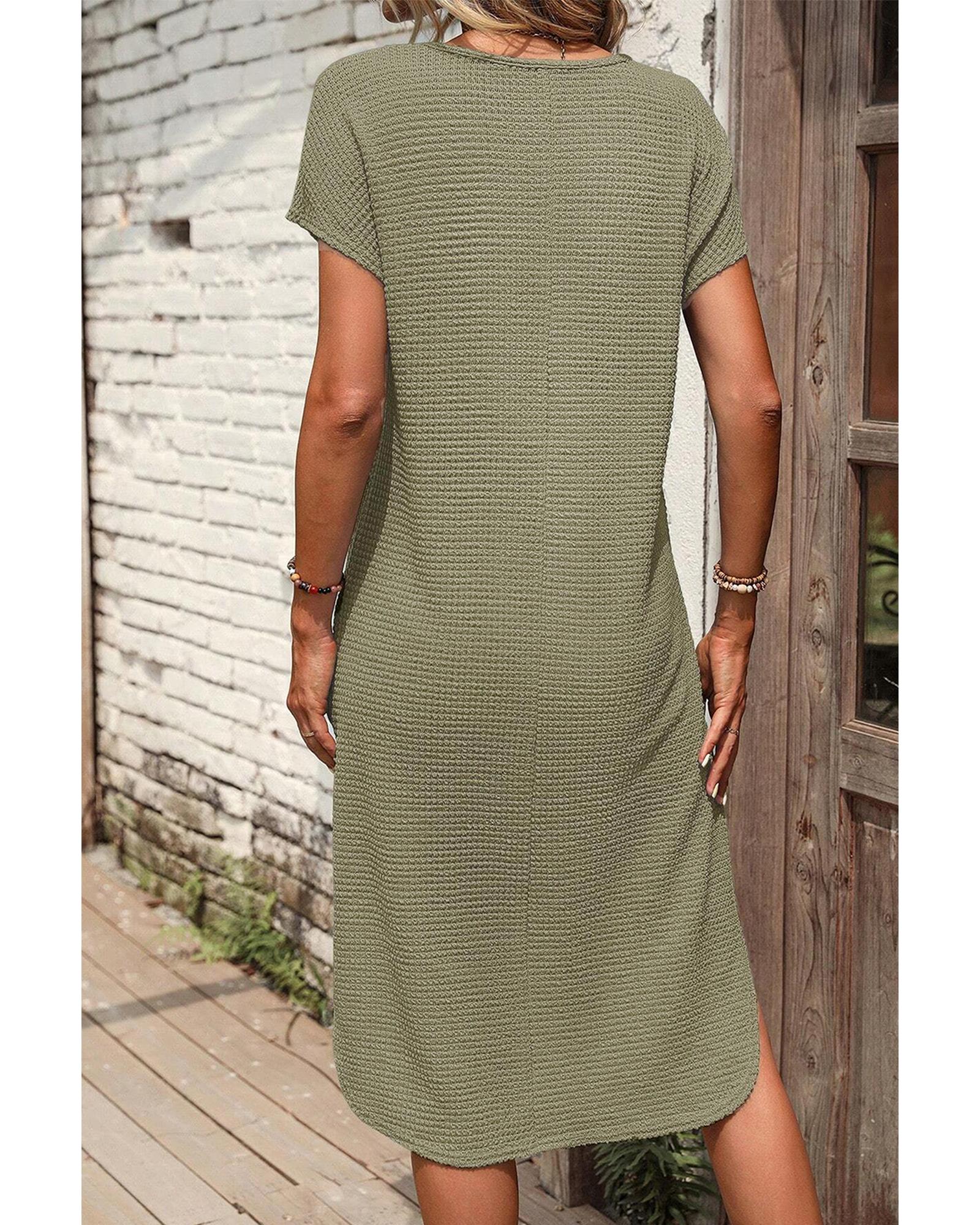 V539-AZEXDC6119256-P609-M-202508300020-04 Jungle Green Waffle Texture Curved Hem Side Slit T-shirt Dress - M - Image 5