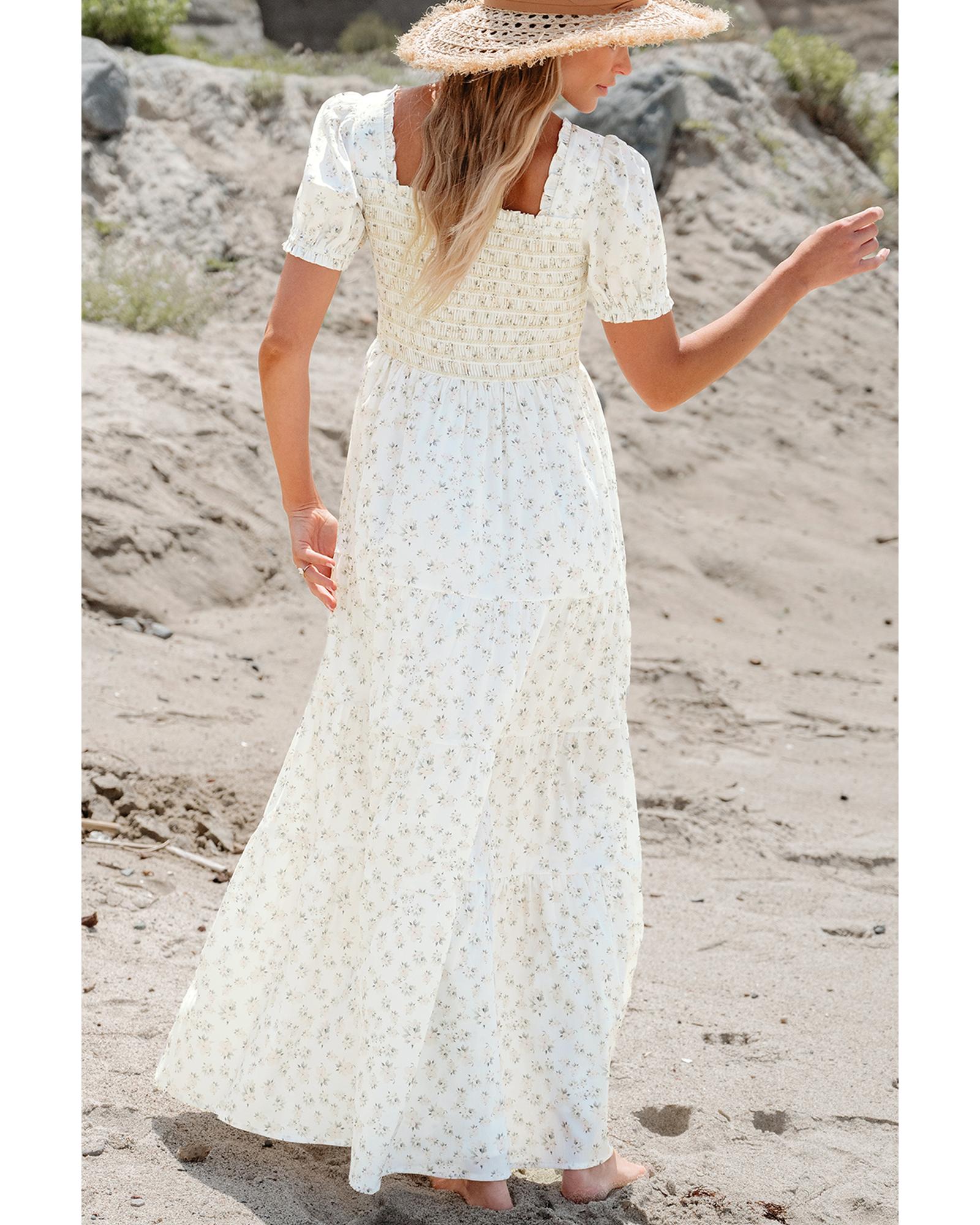 V539-AZEXDC6120665-P1-L-202508290250-00 White Frilly Shirred Bodice Tiered Floral Maxi Dress - L - Image 1