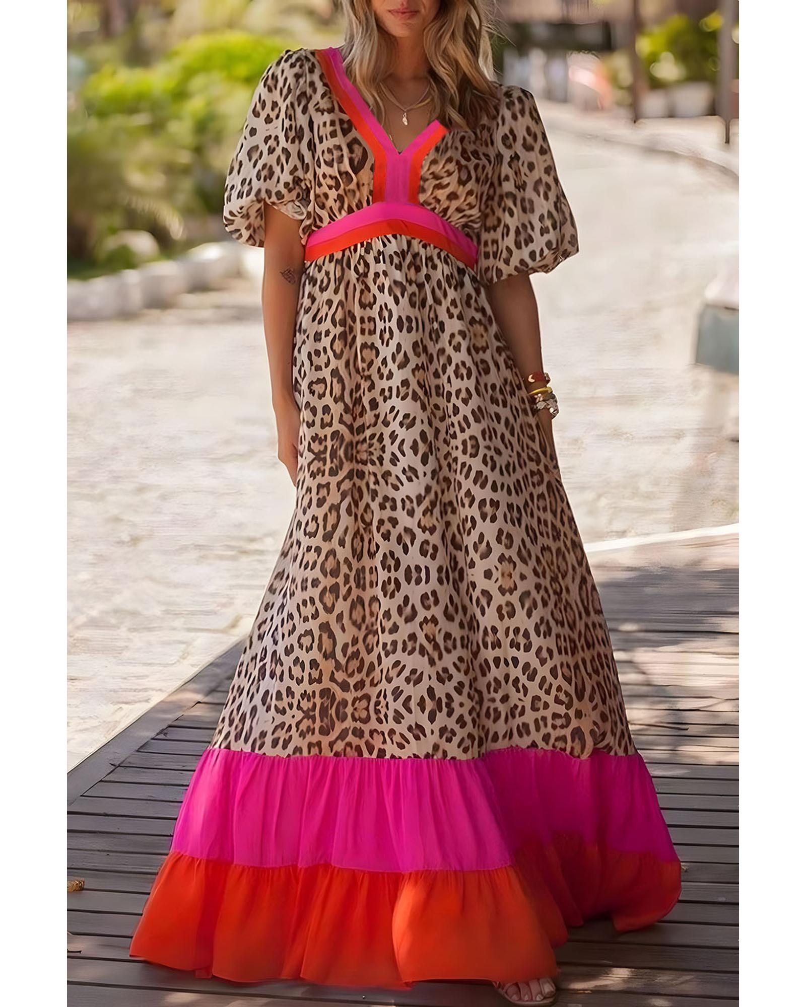 V539-AZEXDC6120706-P106-S-202506141532-00 Bright Pink Leopard Colorblock Patchwork Bubble Sleeve Maxi Dress - S - Image 1