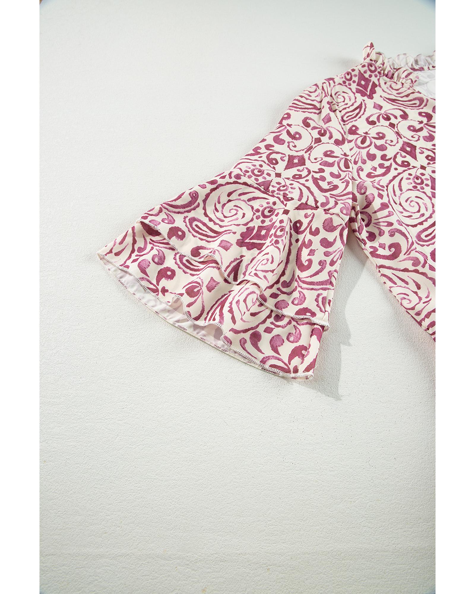 V539-AZEXDC6121727-P1020-S-202506141527-00 Pink Paisley Print Tiered 3/4 Sleeve Notched Neck Mini Dress - S - Image 1