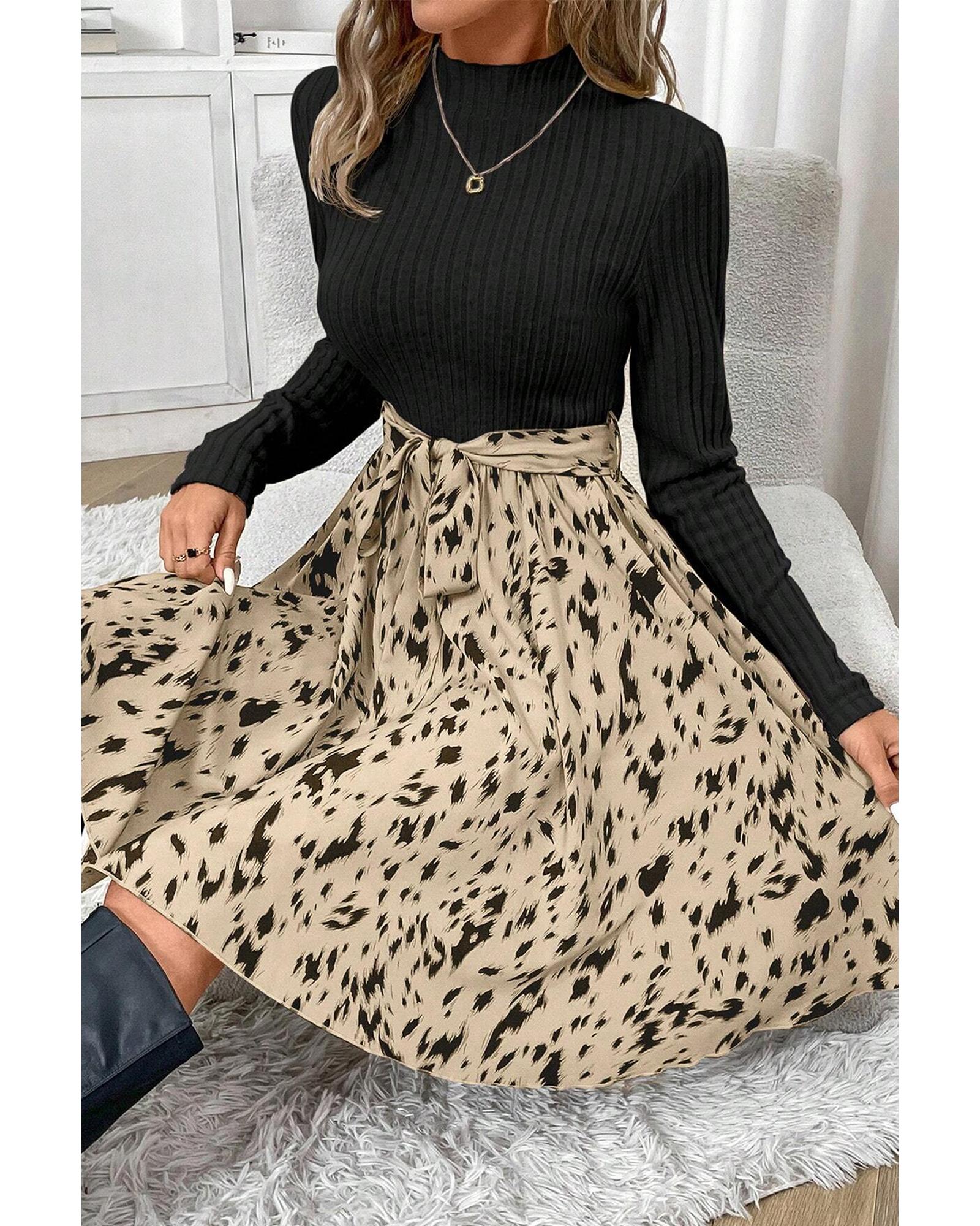 V539-AZEXDC6121772-P2-S-202506141541-00 Black Ribbed Knit Patchwork Printed Belted A-line Dress - S - Image 1