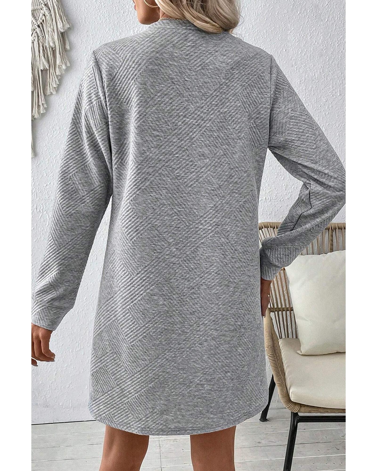 V539-AZEXDC6121814-P11-XL-202508290250-00 Gray Solid Color Textured Long Sleeve Shift Dress - XL - Image 1