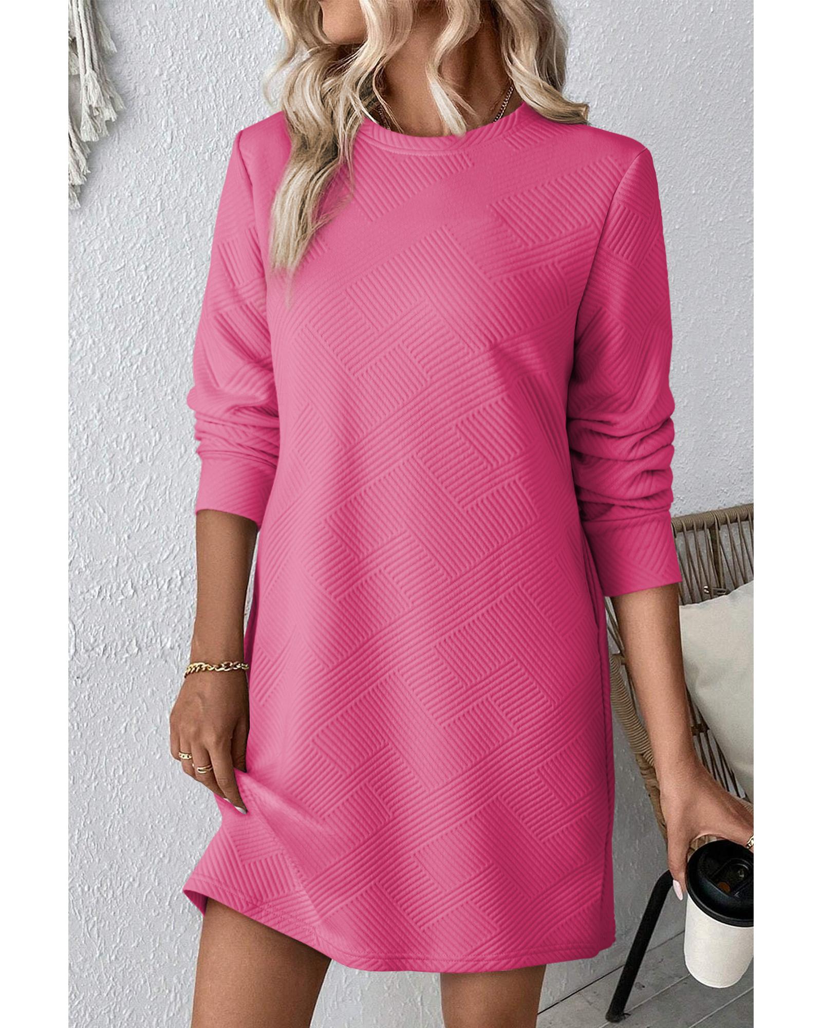 V539-AZEXDC6121814-P6-XL-202508291435-00 Rose Red Solid Color Textured Long Sleeve Shift Dress - XL - Image 1
