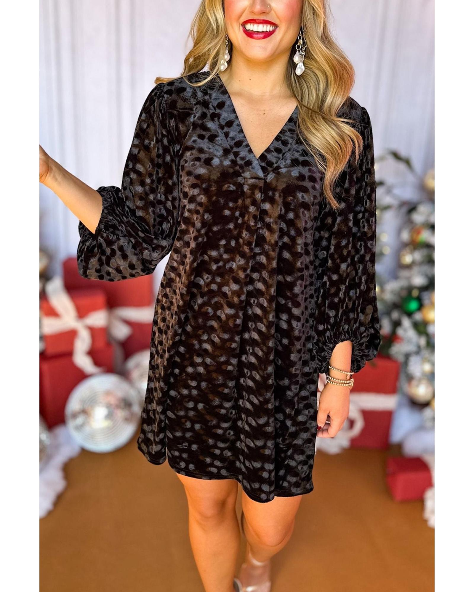 V539-AZEXDC6121951-P2-XL-202508281200-00 Black Textured V Neck Balloon Sleeve Velvet Mini Dress - XL - Image 1