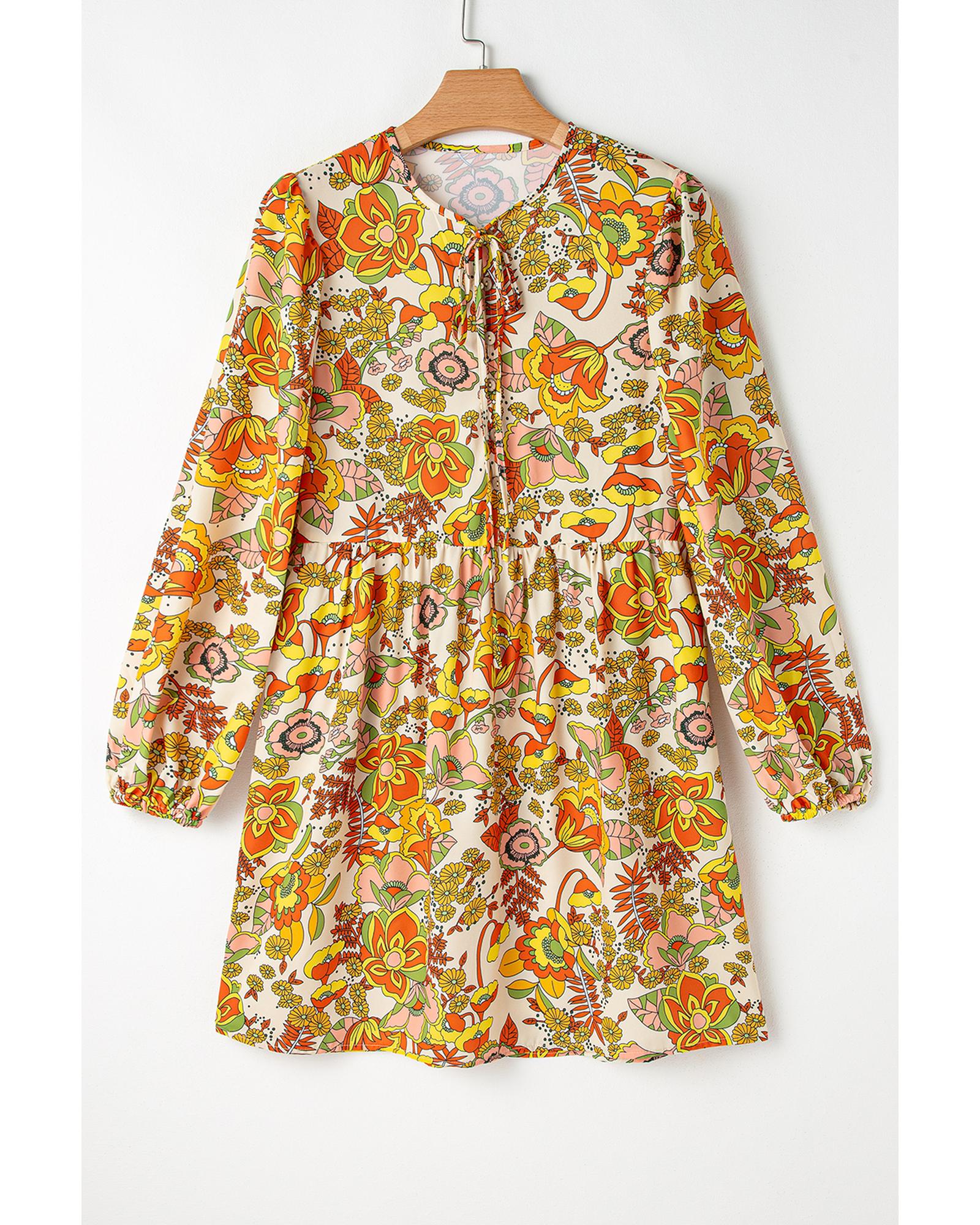 V539-AZEXDC6121984-P107-S-202506141722-00 Yellow Cream Floral Print V Neck Puff Sleeve Mini Dress - S - Image 1