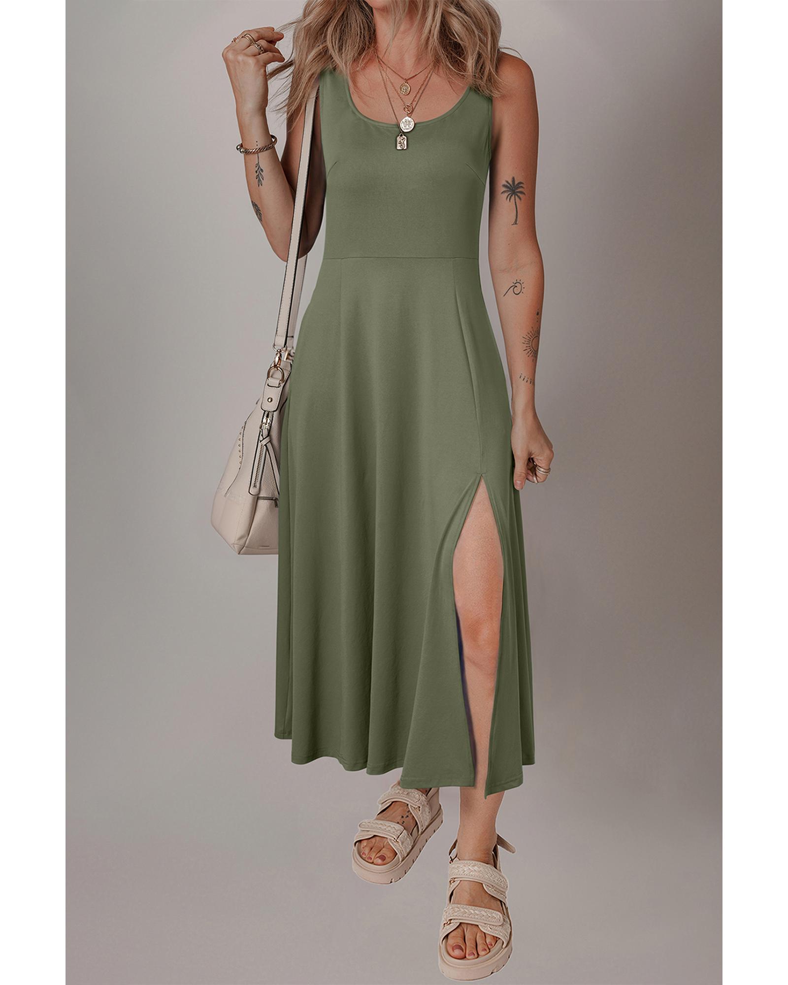 V539-AZEXDC6122365-P2909-L-202508310235-00 Four Leaf Clover Sleeveless Scoop Neck Flared Split Midi Dress - L - Image 1