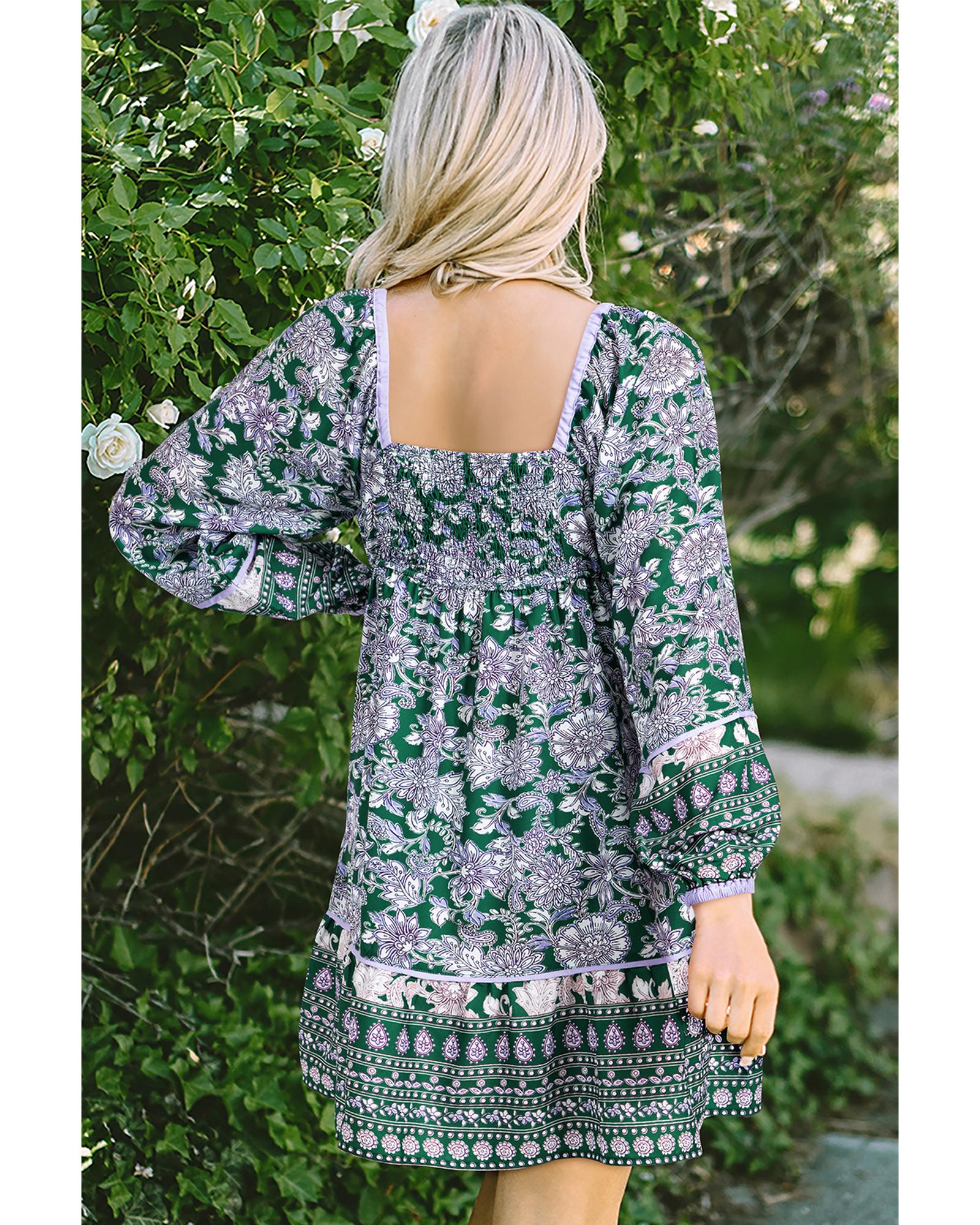 V539-AZEXDC6122396-P920-S-202506190212-00 Green Floral Print Piping Trim Bubble Sleeve Square Neck Dress - S - Image 1