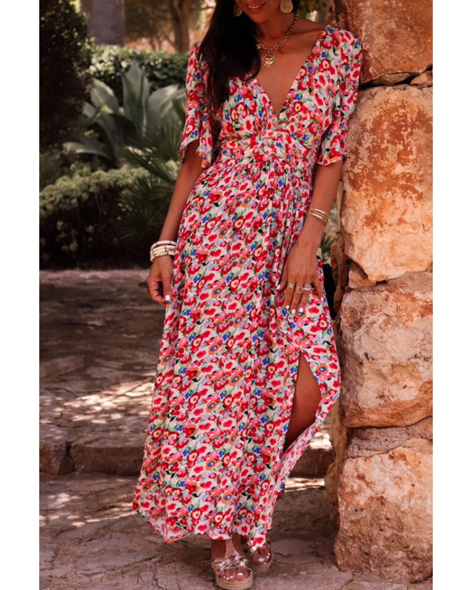 V539-AZEXDC6122449-P10320-M-202508310800-00 Red Floral Half Sleeve Deep V Neck Cutout Back Split Maxi Dress - M - Image 1