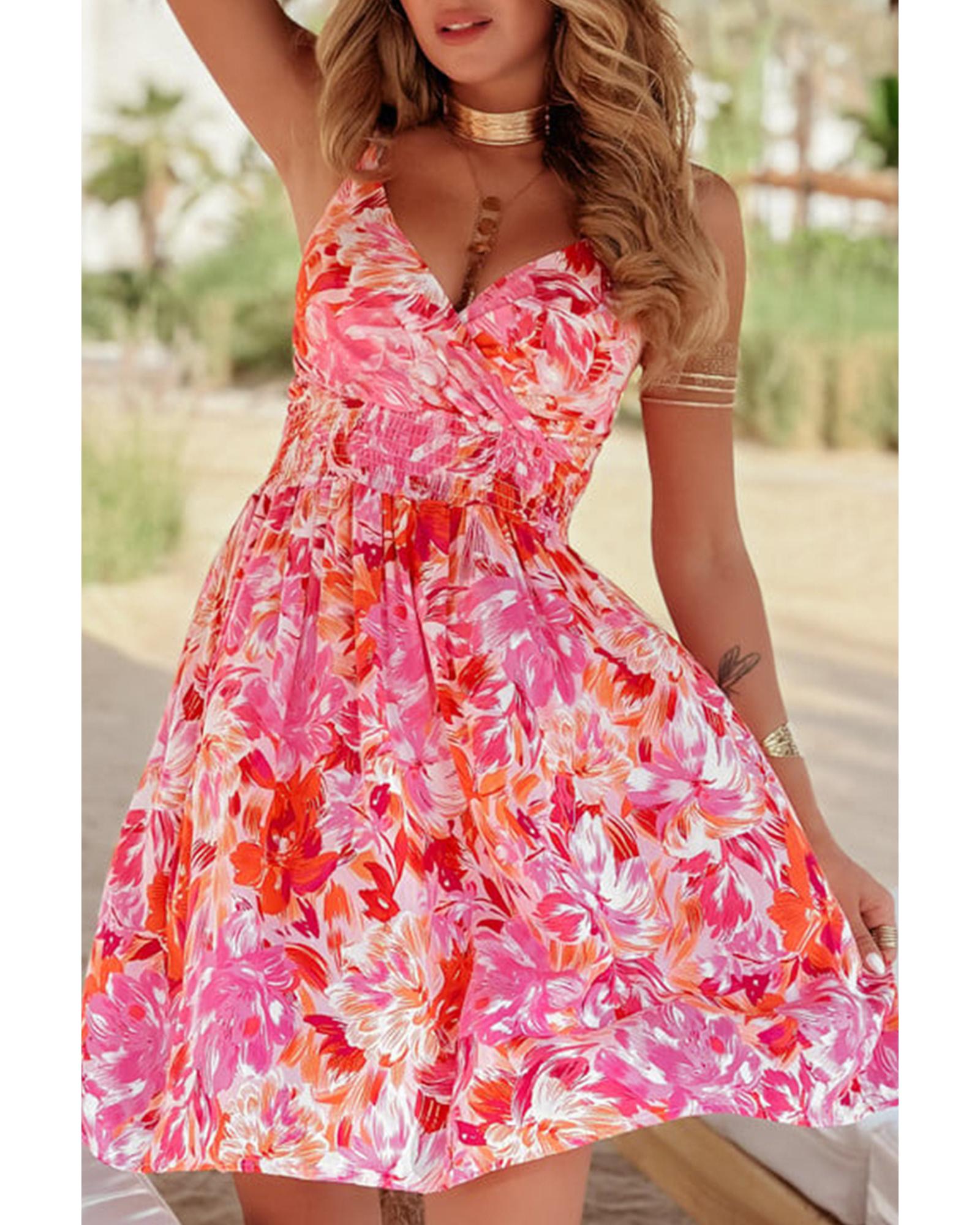 V539-AZEXDC6122454-P10320-XL-202508311510-00 Red Floral Spaghetti Strap Surplice Neck Shirred Waist Mini Dress - XL - Image 1