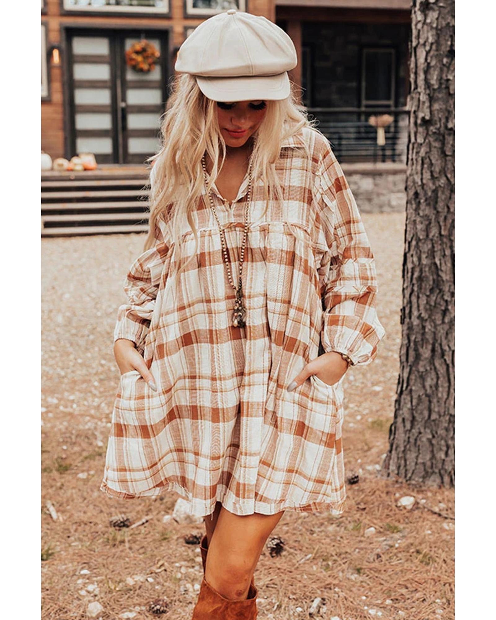 V539-AZEXDC6122498-17-L-202508310950-01 Brown Plaid Print Side Pockets Frilled Babydoll Mini Dress - L - Image 2