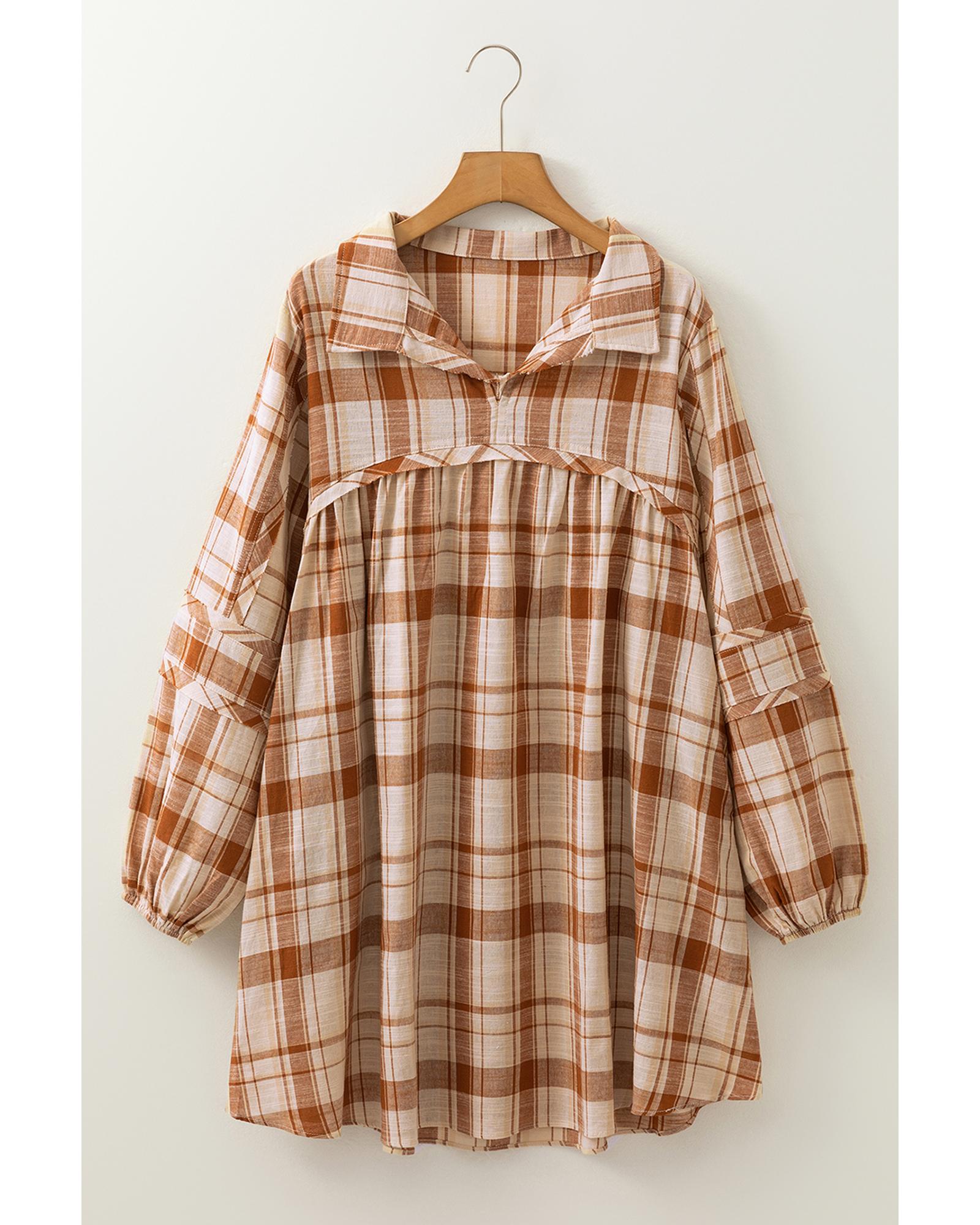 V539-AZEXDC6122498-17-M-202508311005-02 Brown Plaid Print Side Pockets Frilled Babydoll Mini Dress - M - Image 3