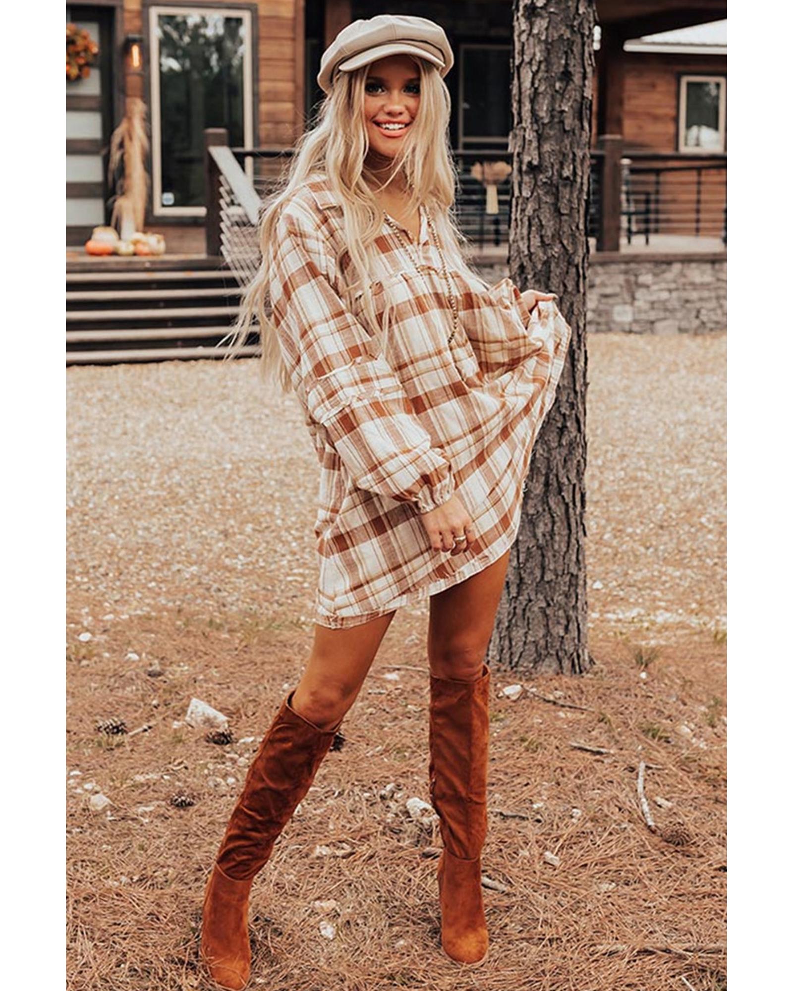 V539-AZEXDC6122498-17-M-202508311005-06 Brown Plaid Print Side Pockets Frilled Babydoll Mini Dress - M - Image 7