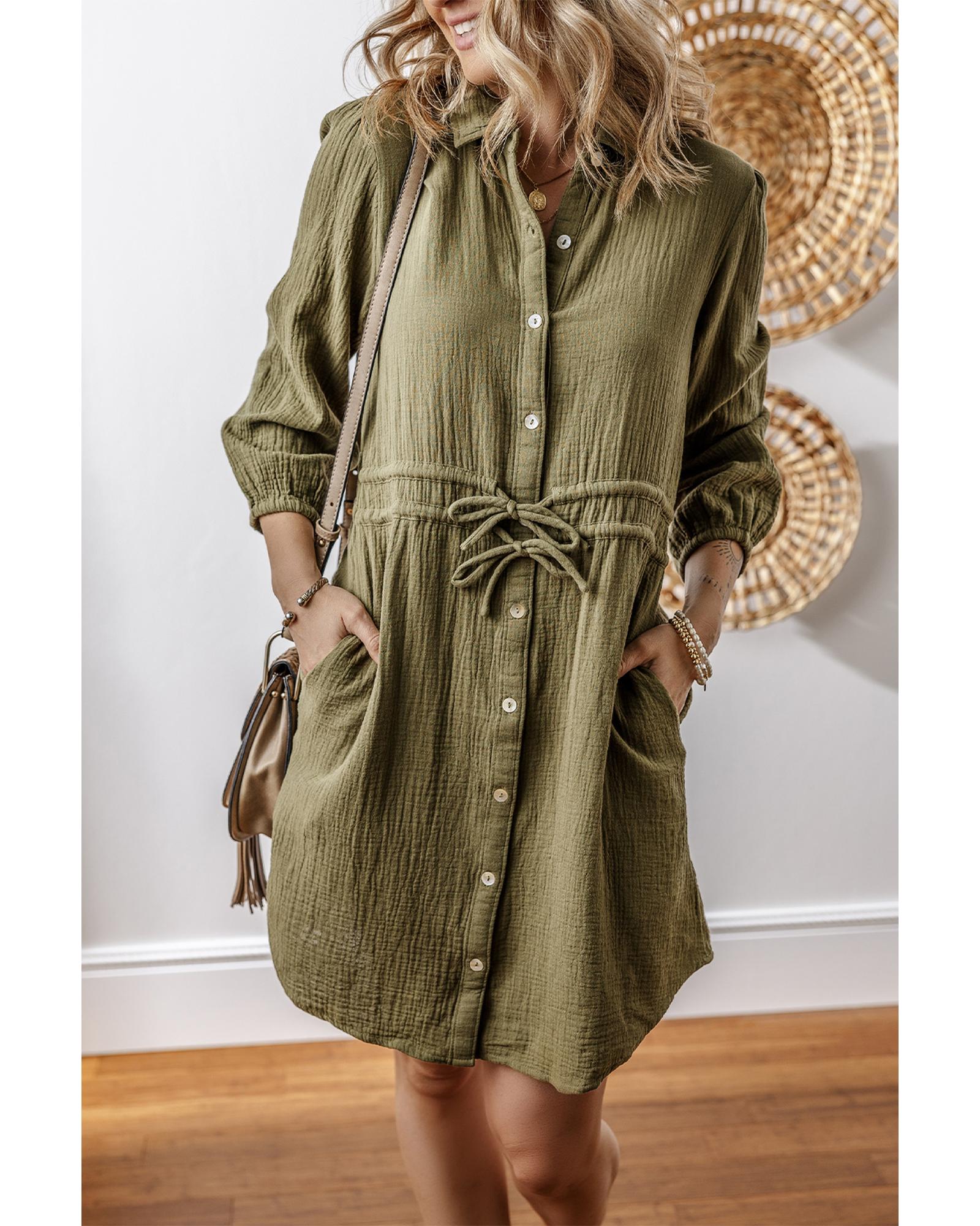 V539-AZEXDC6122514-P609-XL-202508310515-02 Jungle Green Textured Bracelet Sleeve Collared Button Up Dual Tied Mini Dress - XL - Image 3
