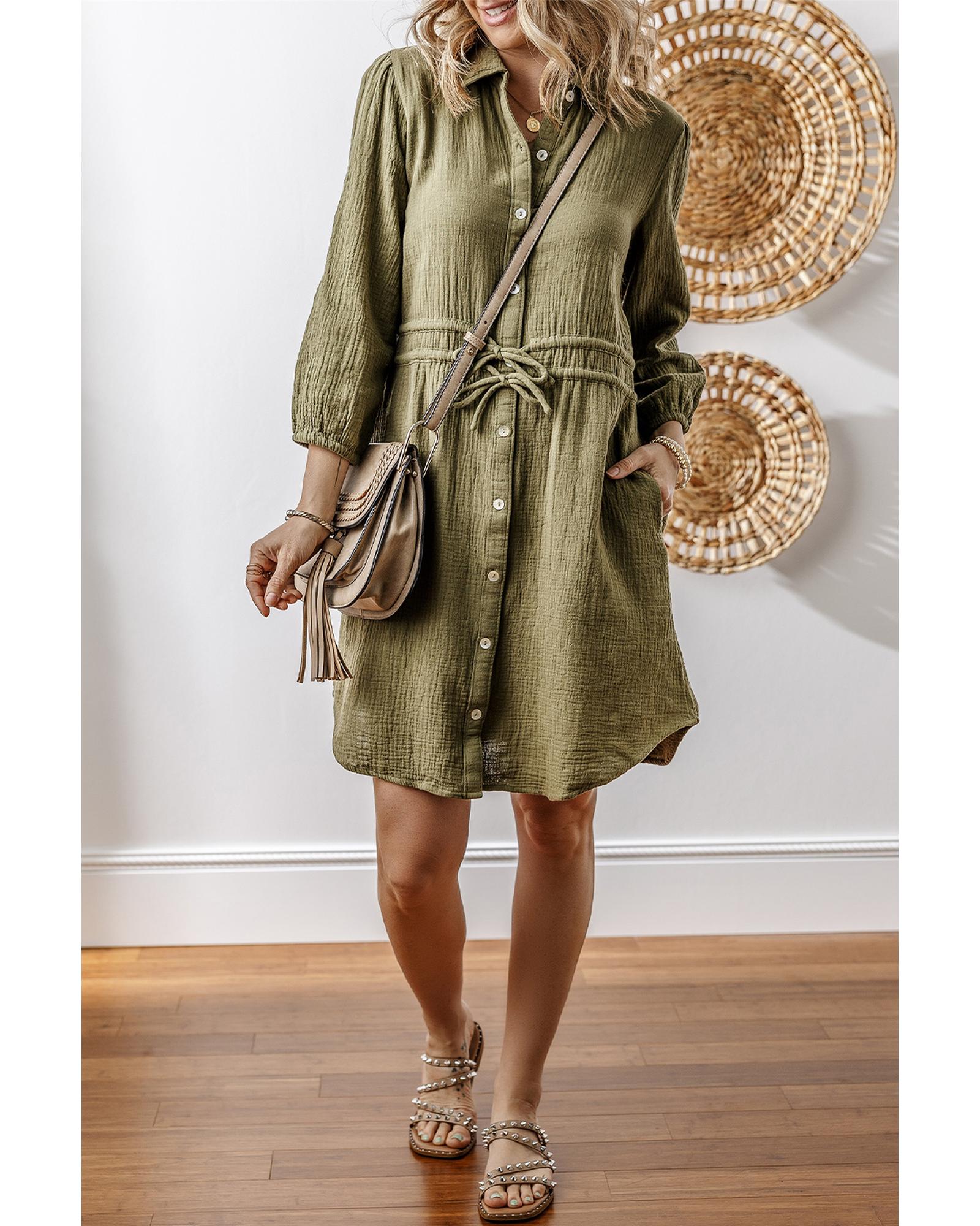 V539-AZEXDC6122514-P609-XL-202508310515-03 Jungle Green Textured Bracelet Sleeve Collared Button Up Dual Tied Mini Dress - XL - Image 4