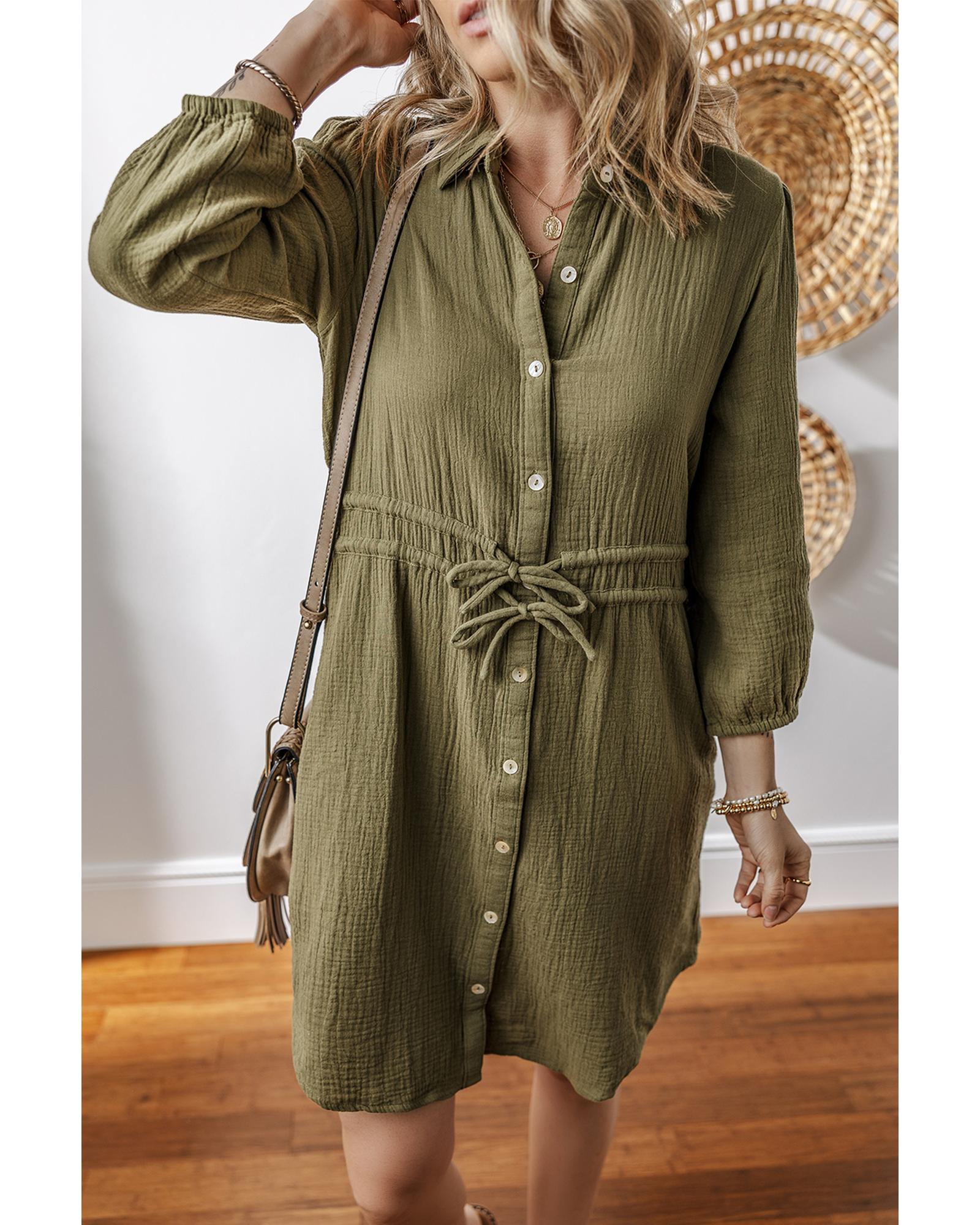 V539-AZEXDC6122514-P609-XL-202508310515-04 Jungle Green Textured Bracelet Sleeve Collared Button Up Dual Tied Mini Dress - XL - Image 5