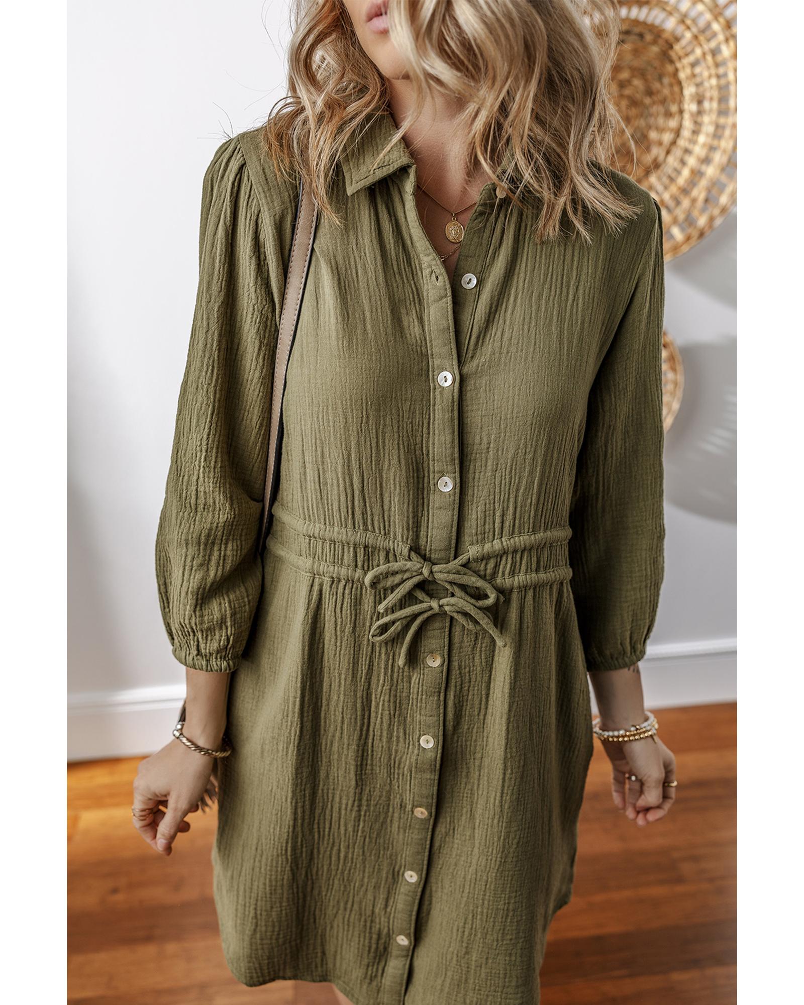 V539-AZEXDC6122514-P609-XL-202508310515-06 Jungle Green Textured Bracelet Sleeve Collared Button Up Dual Tied Mini Dress - XL - Image 7