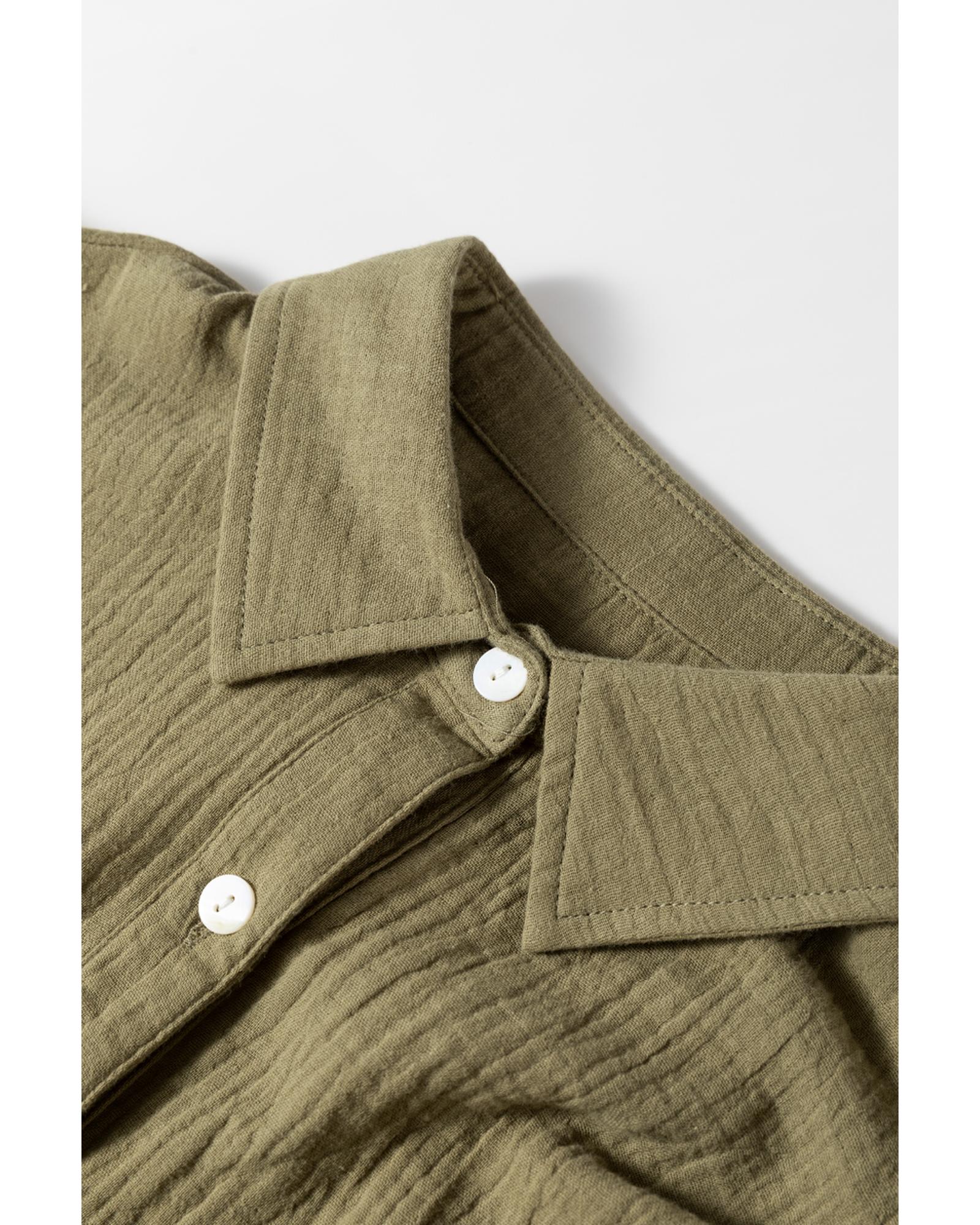 V539-AZEXDC6122514-P609-XL-202508310515-07 Jungle Green Textured Bracelet Sleeve Collared Button Up Dual Tied Mini Dress - XL - Image 8