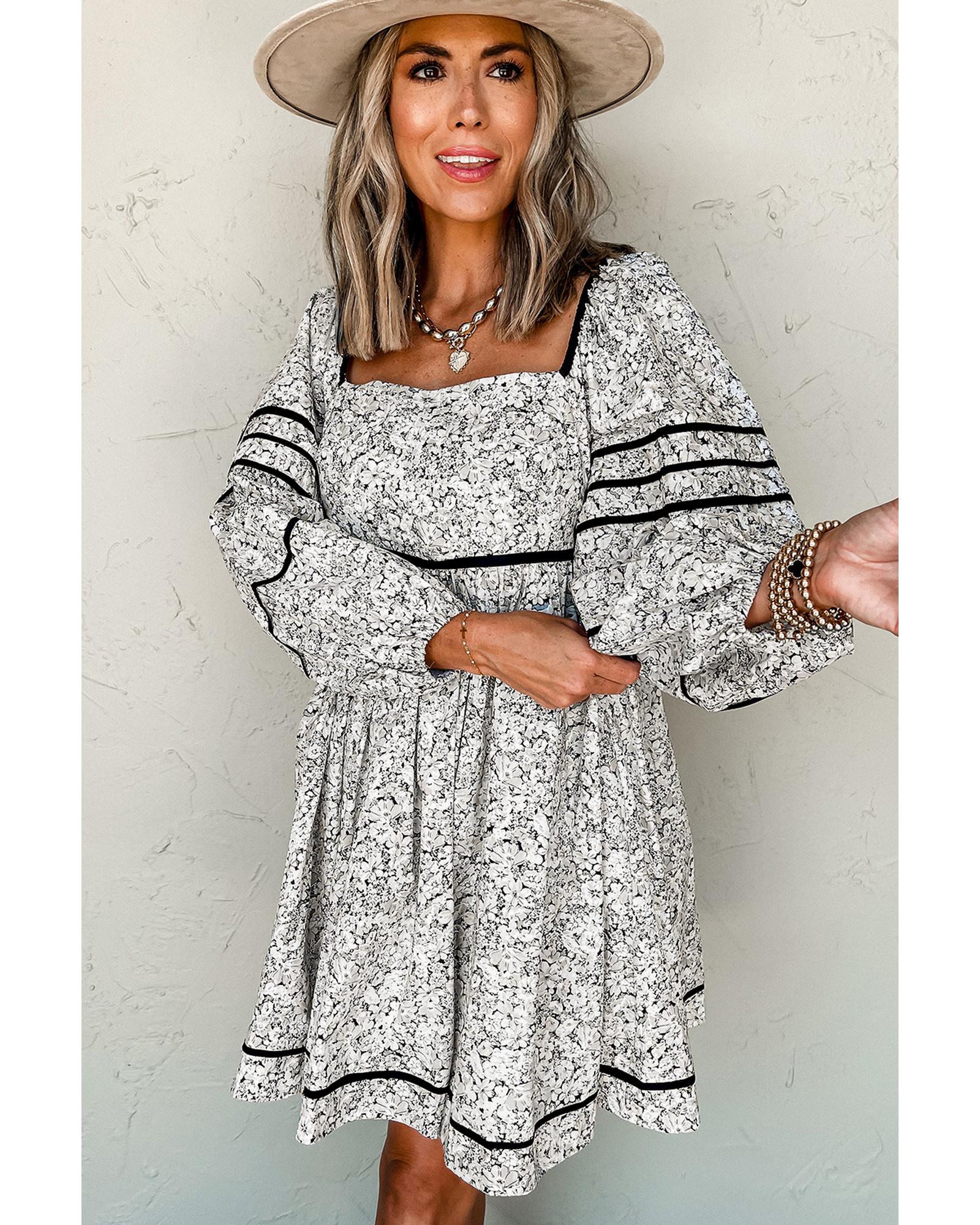 V539-AZEXDC6122553-P1120-M-202506190142-00 Gray Floral Print Open Back Balloon Sleeve Square Neck Mini Dress - M - Image 1