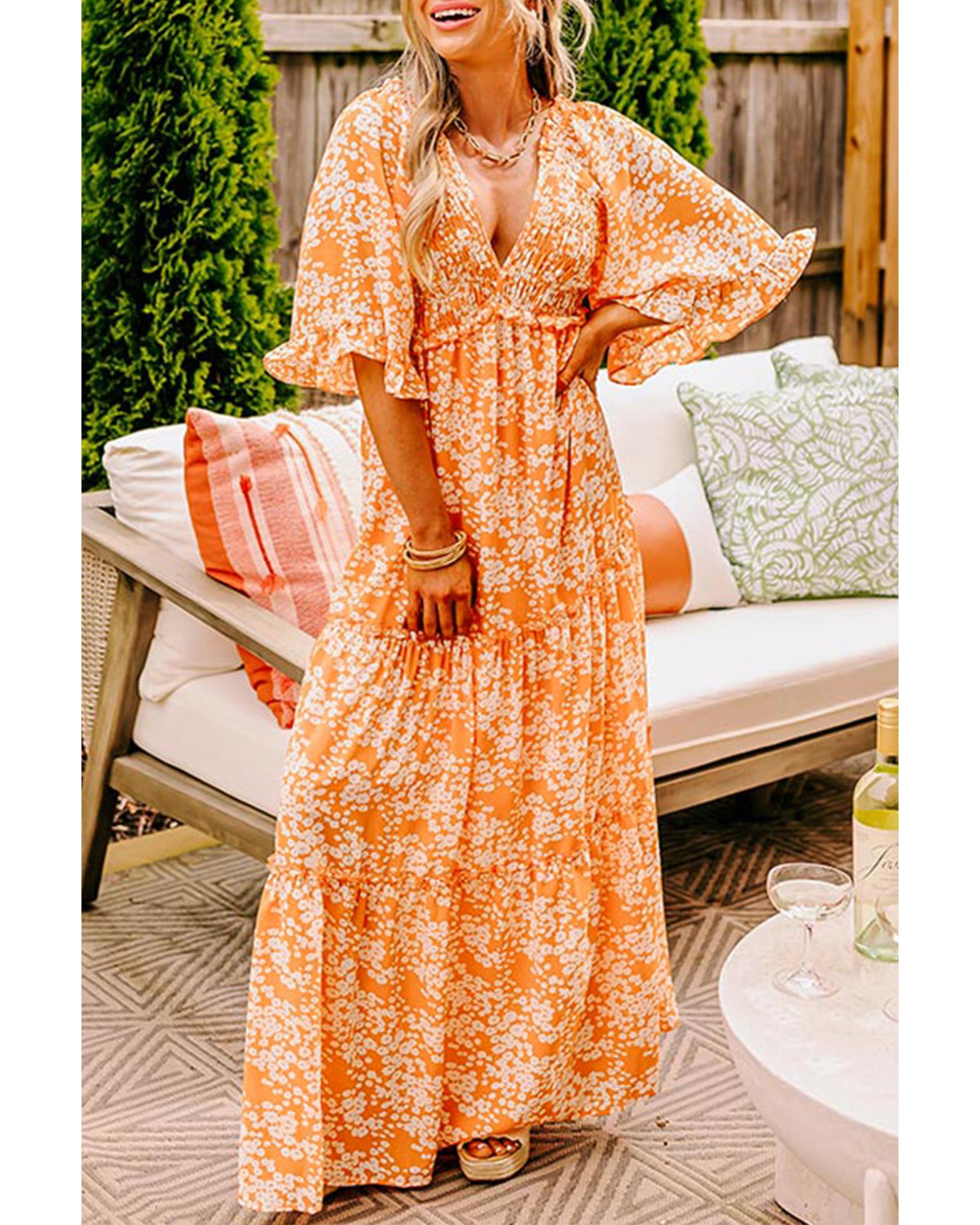 V539-AZEXDC6122679-P1420-S-202506190246-00 Orange Floral Print Smocked V Neck Wide Sleeve Maxi Dress - S - Image 1