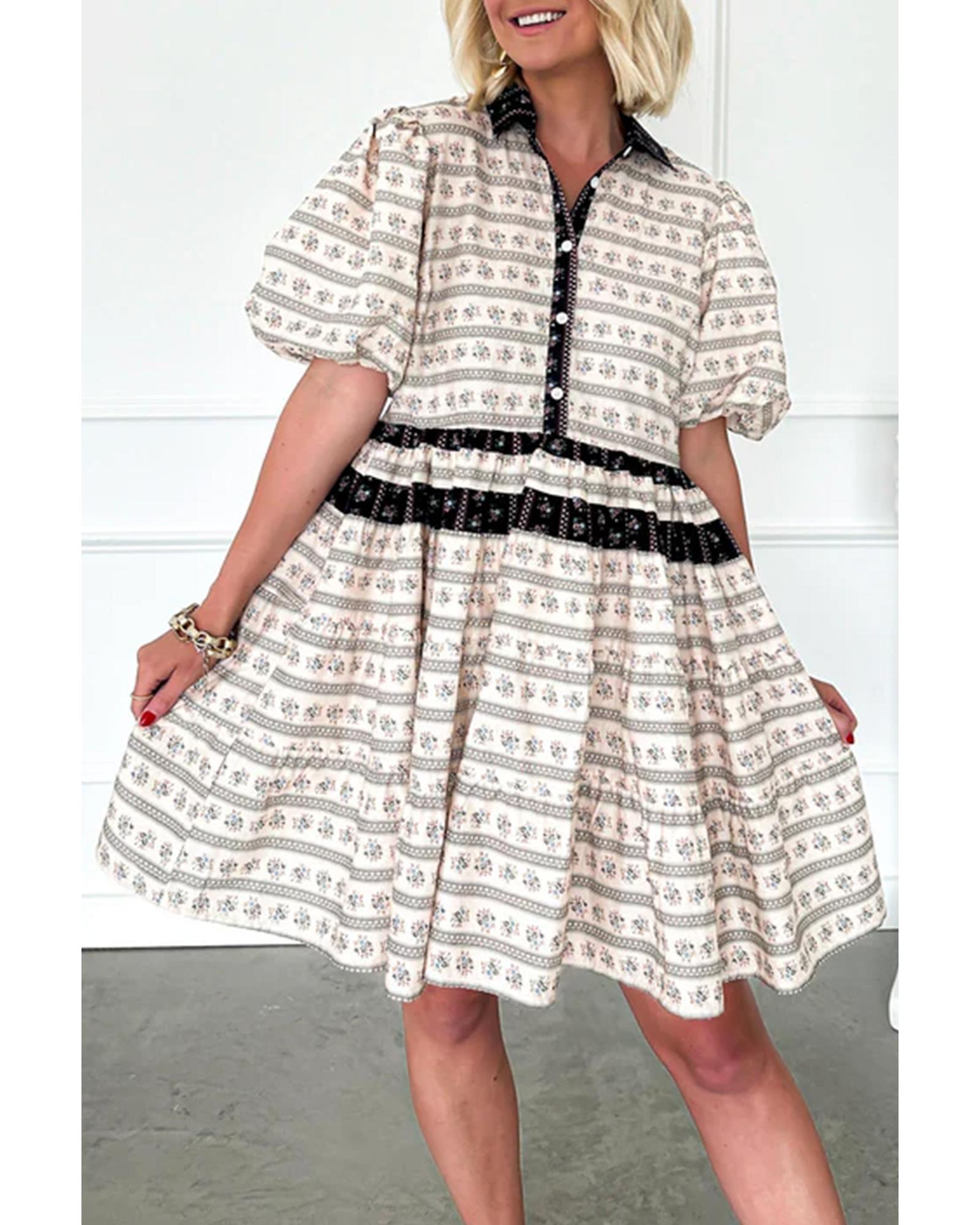 V539-AZEXDC6122812-P220-S-202506190041-00 Black Boho Floral Striped Contrast Trim Bubble Sleeve Flared Dress - S - Image 1