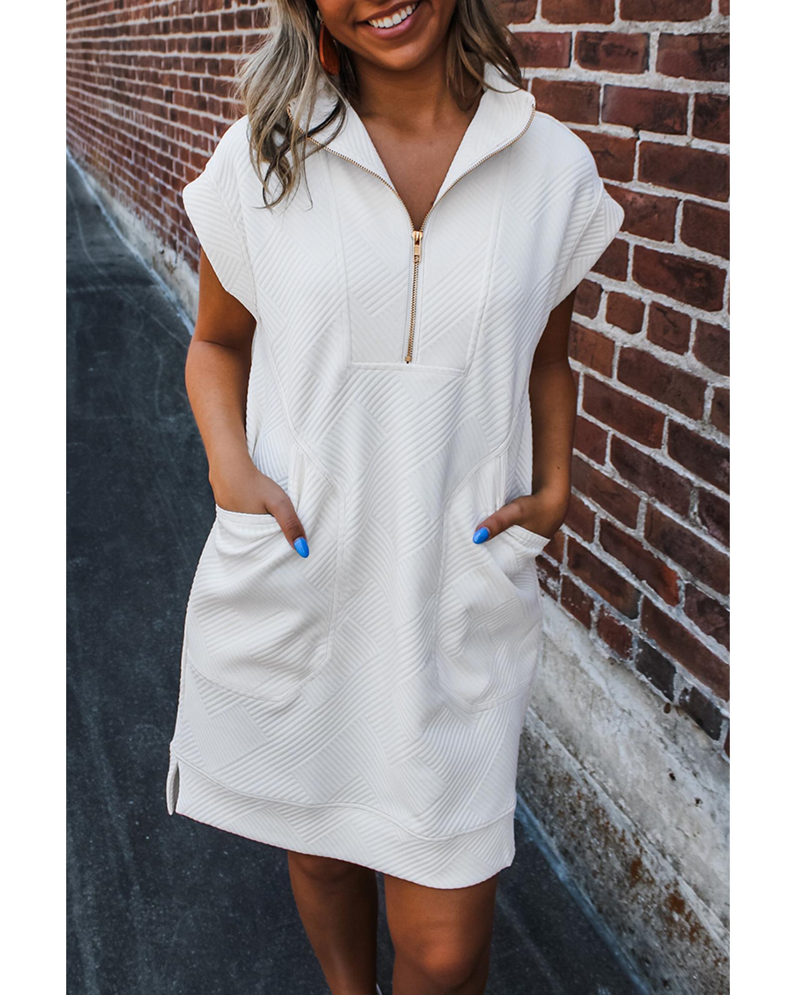 V539-AZEXDC6122988-P1-XL-202508301415-00 White Textured Half Zip Collared Cap Sleeve Mini Dress - XL - Image 1