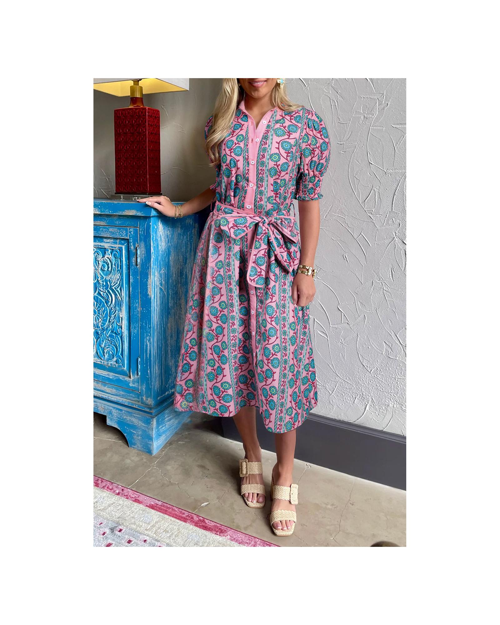 V539-AZEXDC6123061-P1020-XL-202506141903-00 Pink Floral Shirred Puff Sleeve Buttoned Front Midi Dress with Sash - XL - Image 1
