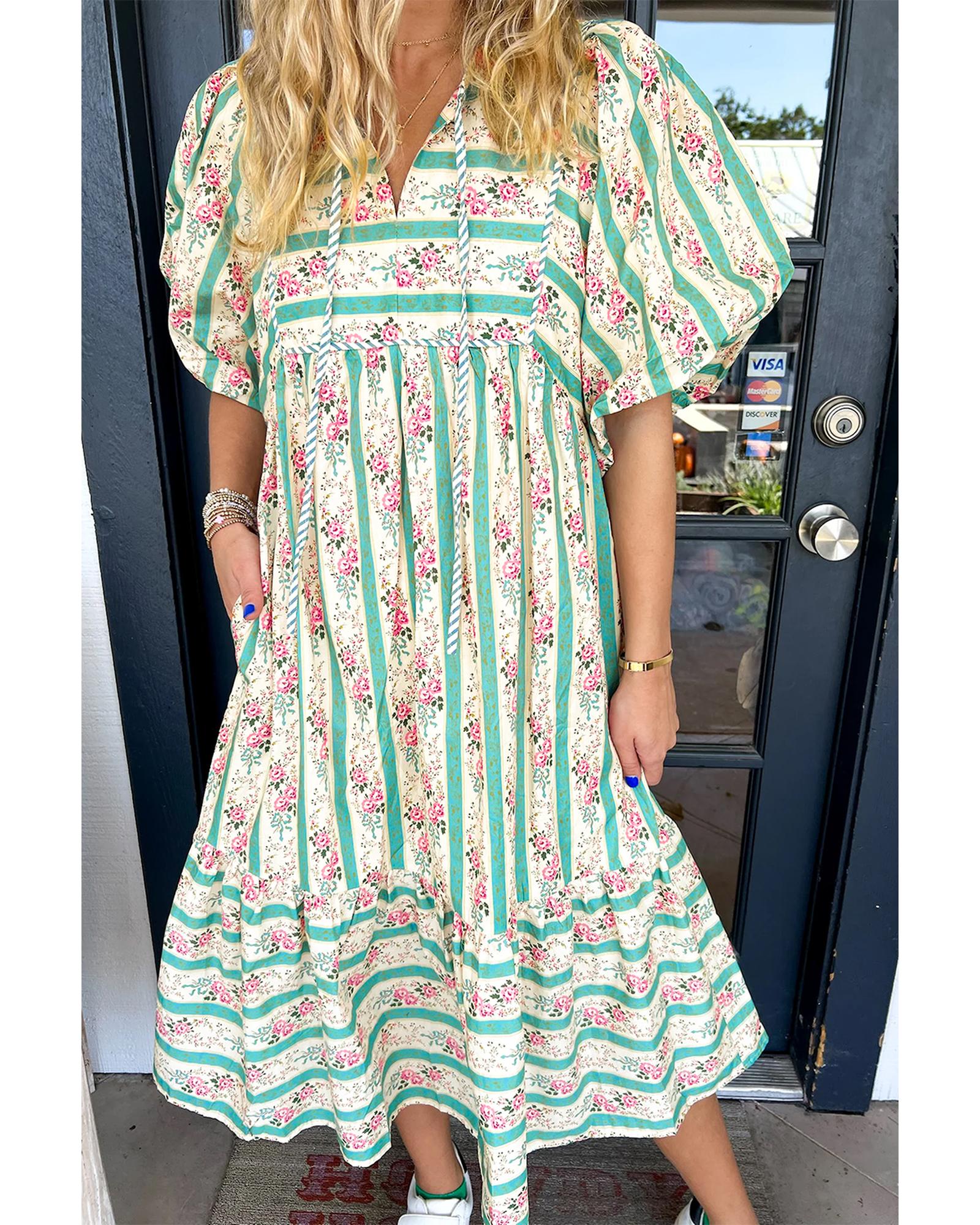 V539-AZEXDC6123186-P22-M-202508301755-00 Multicolour Striped Floral Print Tie Split Neck Puff Sleeve Midi Dress - M - Image 1