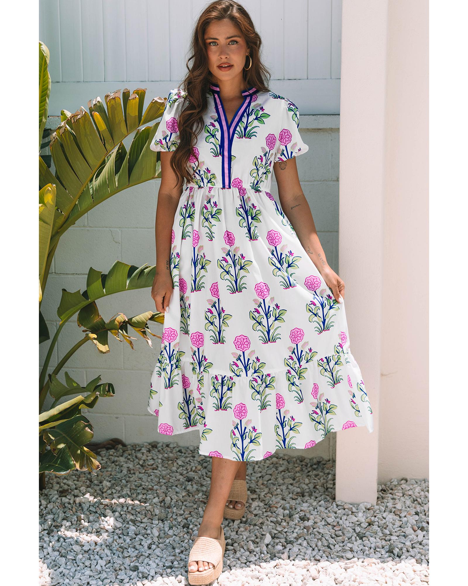 V539-AZEXDC6123188-P120-XL-202508310150-00 White Floral Puff Short Sleeve V Neck High Waist Maxi Dress - XL - Image 1