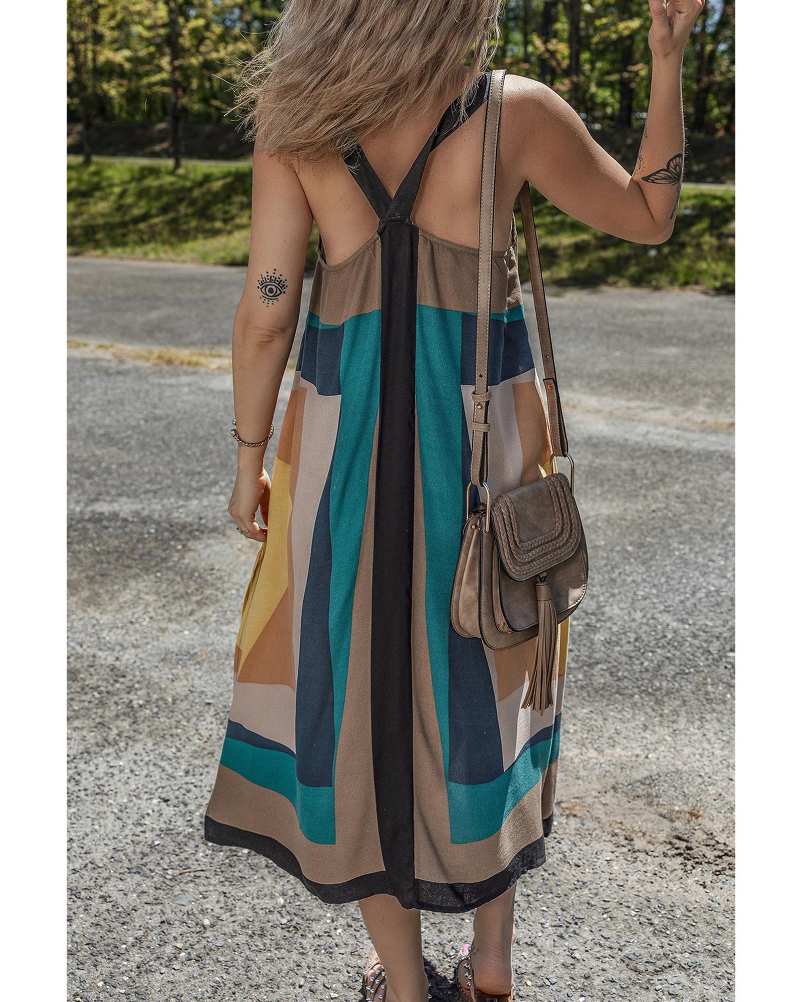 V539-AZEXDC6123299-P1720-M-202508301430-01 Brown Retro Geometric Printed Y Back Sleeveless Dress - M - Image 2
