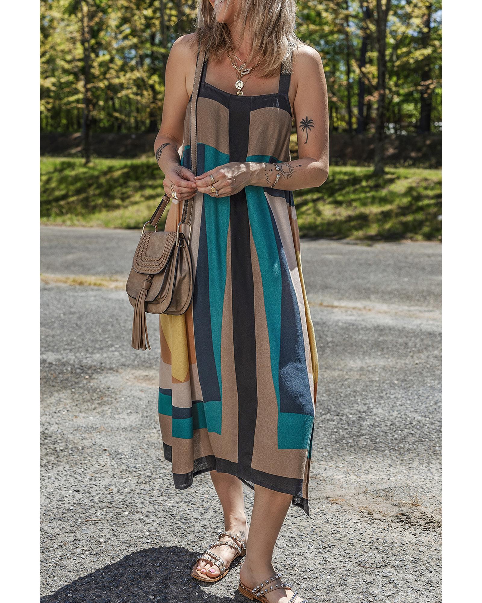 V539-AZEXDC6123299-P1720-M-202508301430-02 Brown Retro Geometric Printed Y Back Sleeveless Dress - M - Image 3