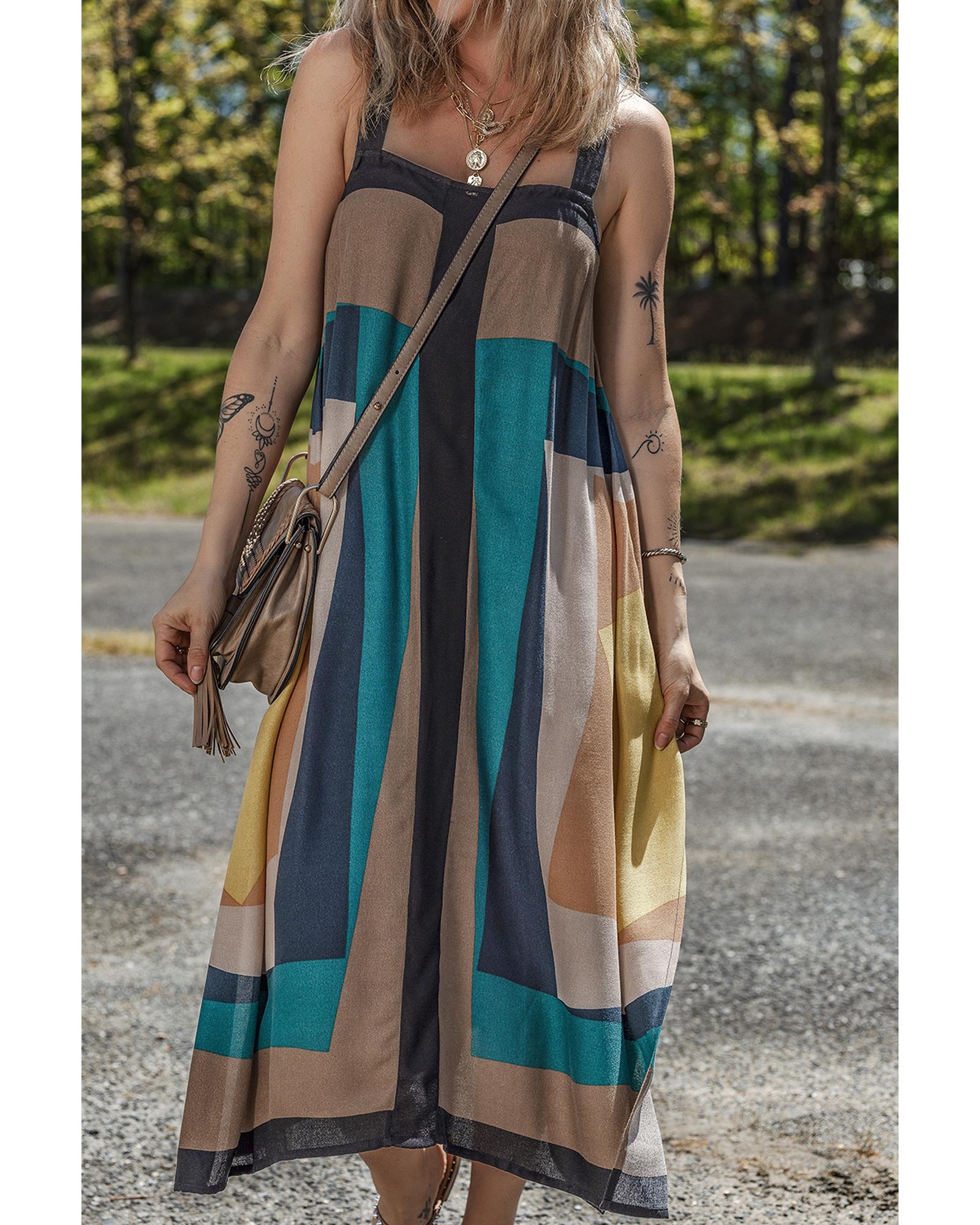 V539-AZEXDC6123299-P1720-M-202508301430-03 Brown Retro Geometric Printed Y Back Sleeveless Dress - M - Image 4