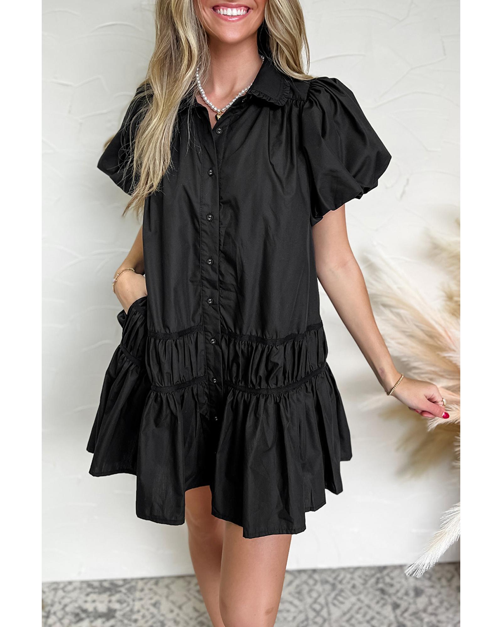V539-AZEXDC6123432-P2-S-202506141652-00 Black Shirt Style Button Down Puff Sleeve Ruffle Hem Dress - S - Image 1