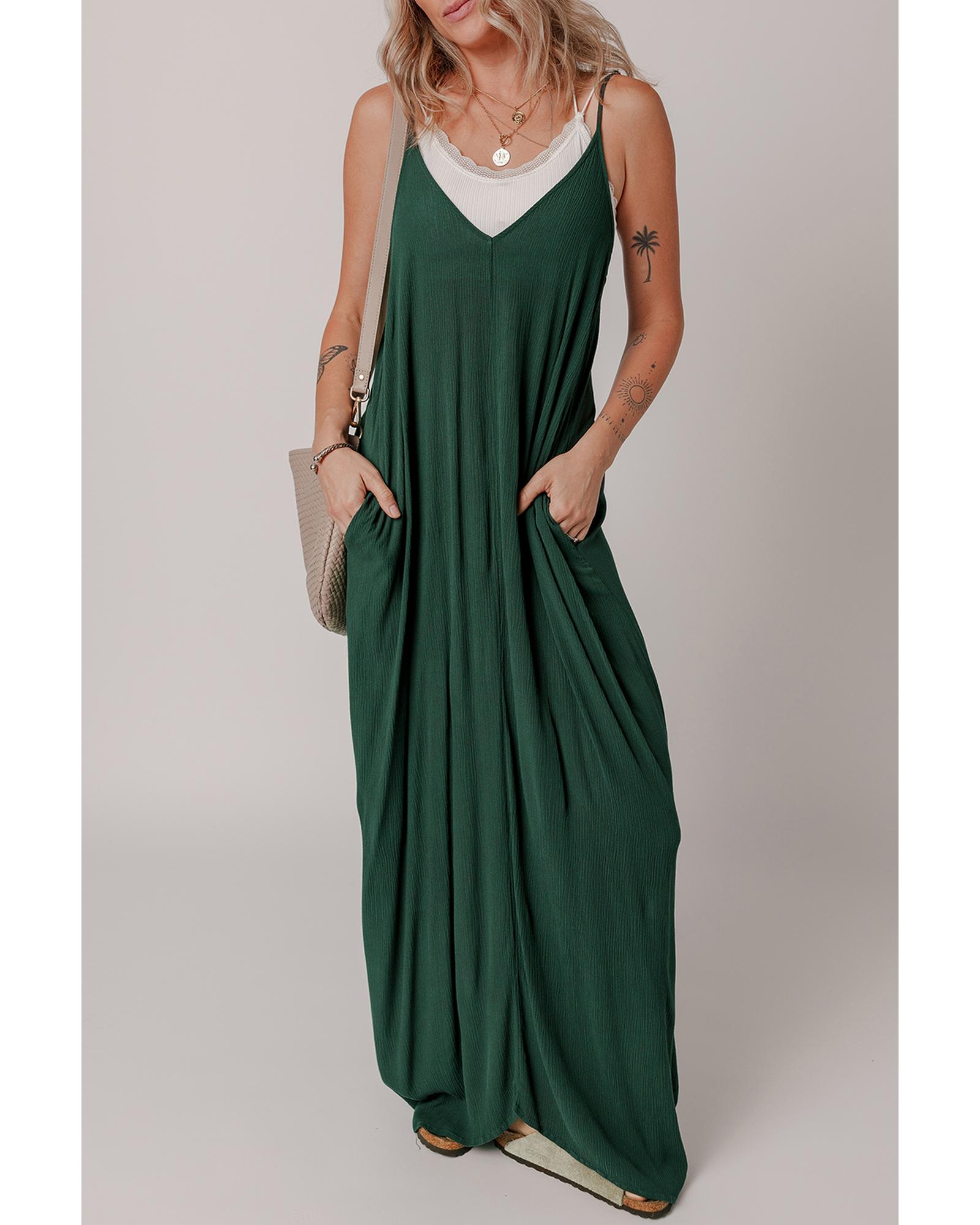 V539-AZEXDC6123502-P1309-XL-202508281205-00 Duffel Green Spaghetti Straps Pocketed Slouchy Maxi Dress - XL - Image 1