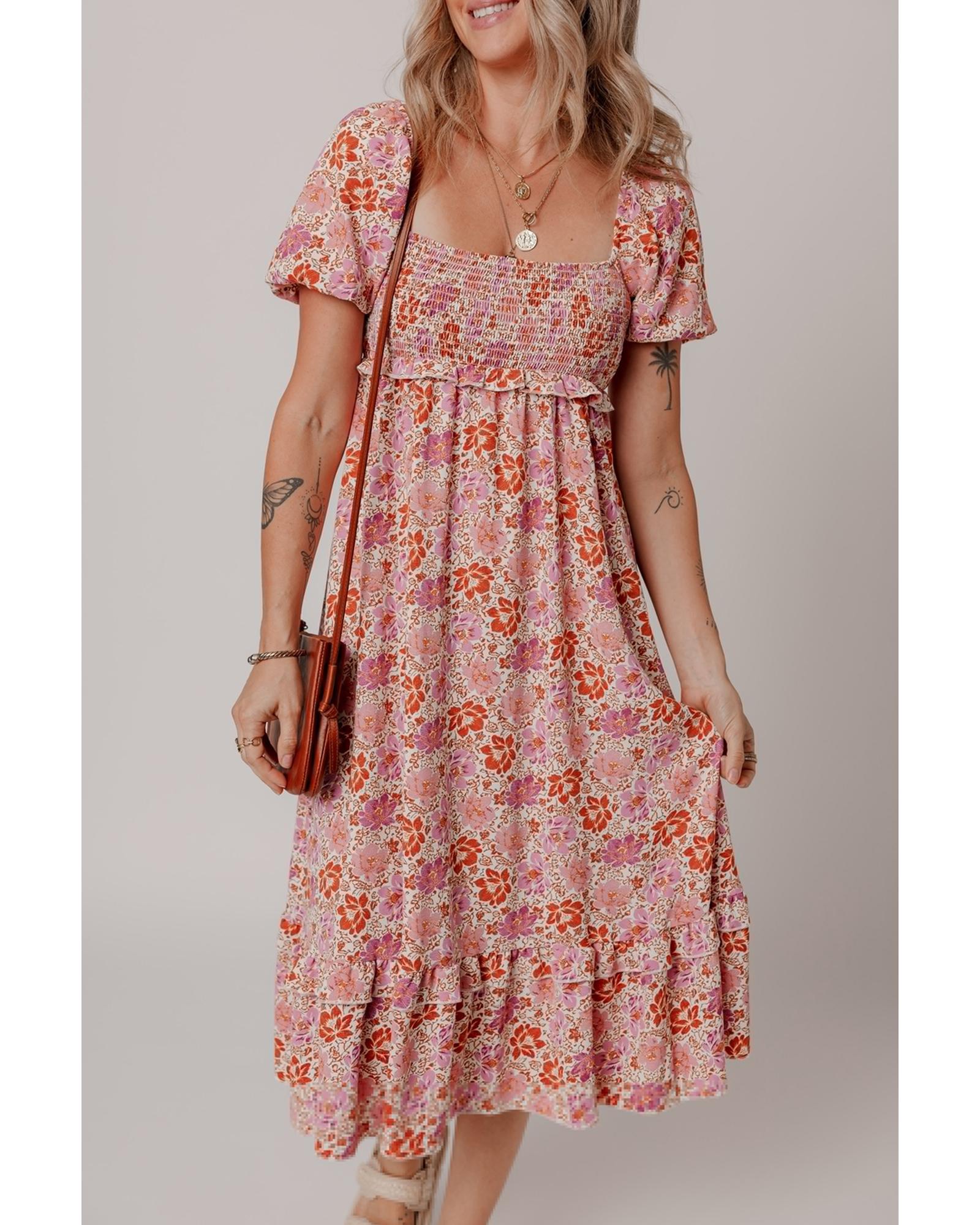 V539-AZEXDC6123504-P1020-S-202506141722-00 Pink Floral Square Neck Knotted Ruffle Midi Dress - S - Image 1