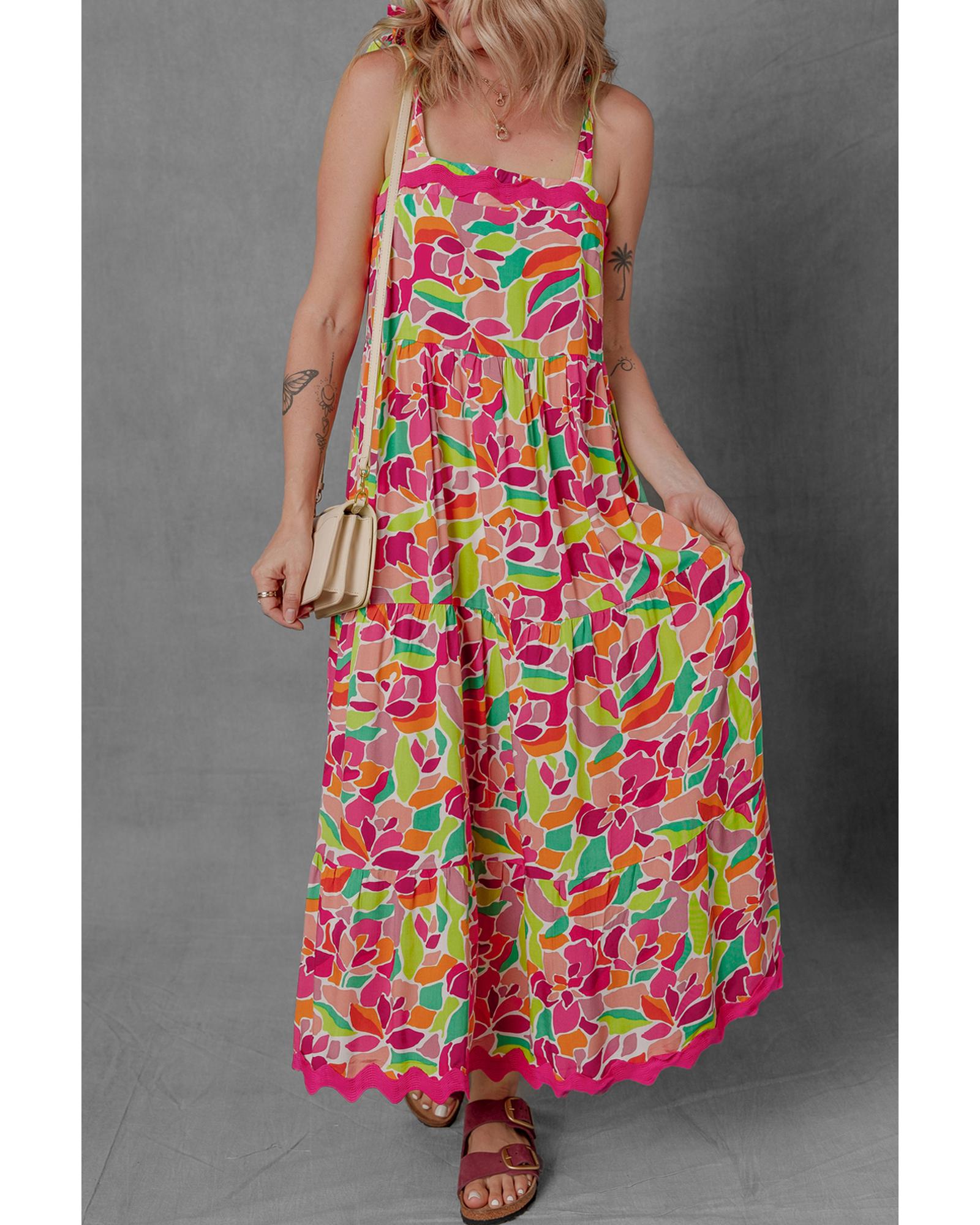 V539-AZEXDC6123660-P22-S-202506141826-00 Multicolour Floral Tied Straps Ricrac Trim Maxi Dress - S - Image 1