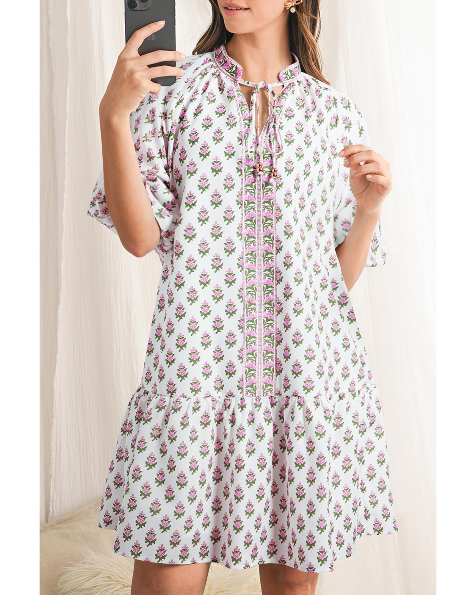 V539-AZEXDC6123687-P1020-S-202508301625-00 Pink Floral Print Bubble Sleeve Neck Tie Ruffled Dress - S - Image 1