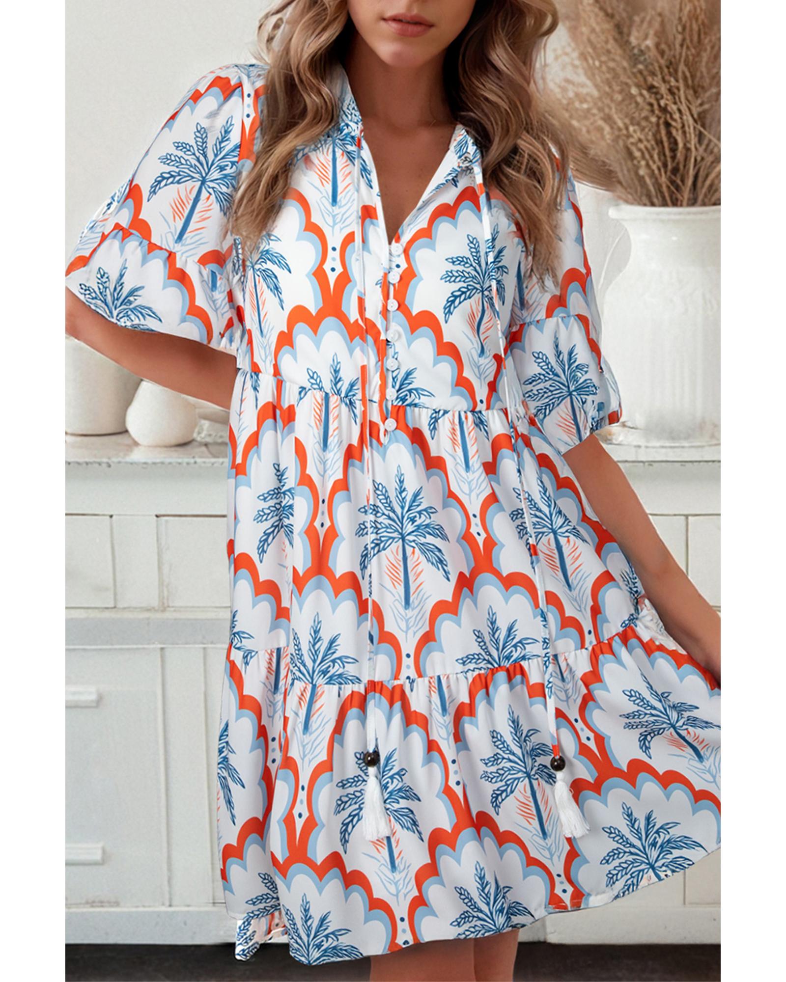 V539-AZEXDC6124688-P1420-XL-202508281425-00 Orange Contrast Palm Tree Printed Short Sleeve Flowy Dress - XL - Image 1