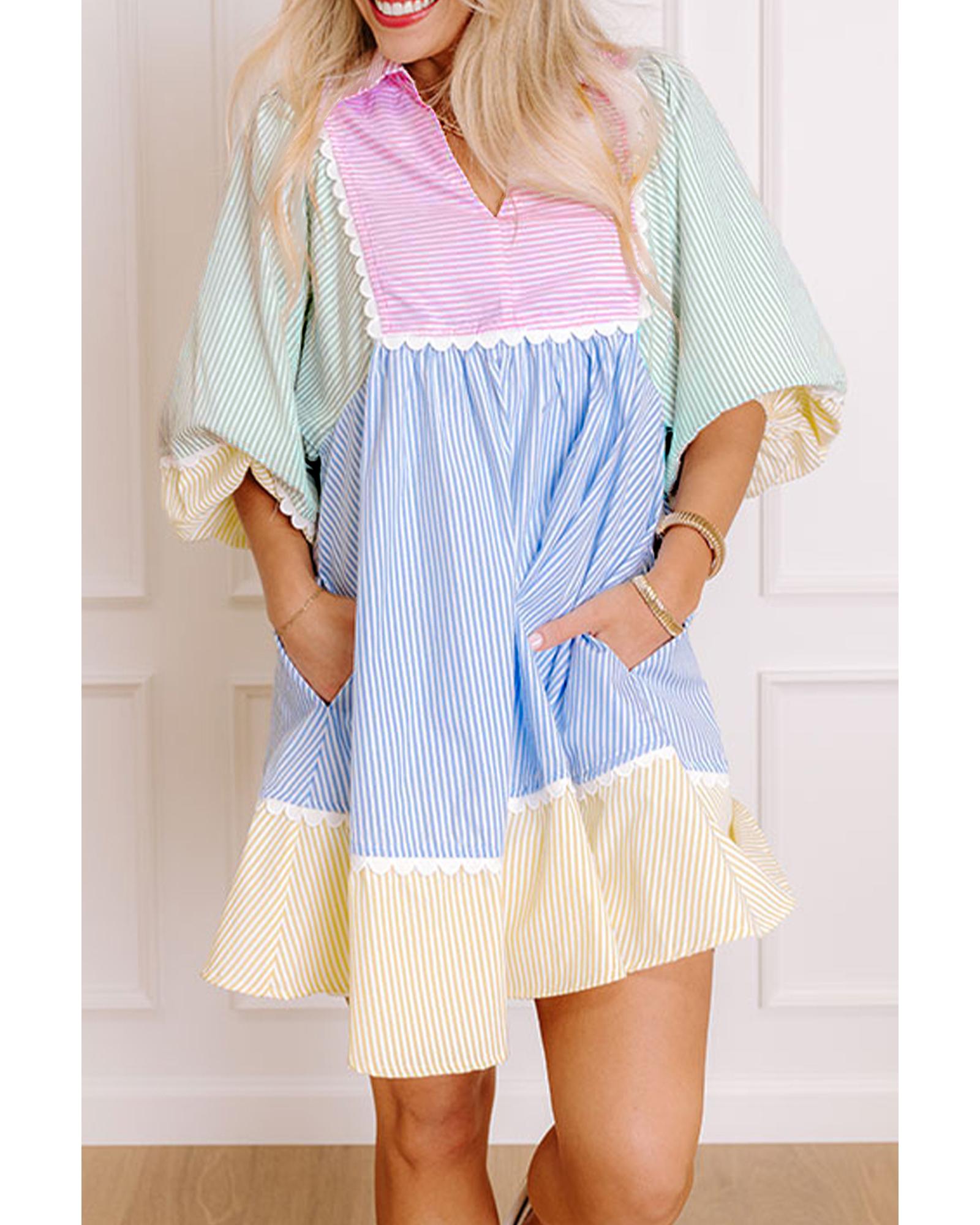 V539-AZEXDC6124789-P22-L-202508291410-00 Multicolour Striped Patchwork Ric Rac Puff Sleeve Collared Mini Dress - L - Image 1