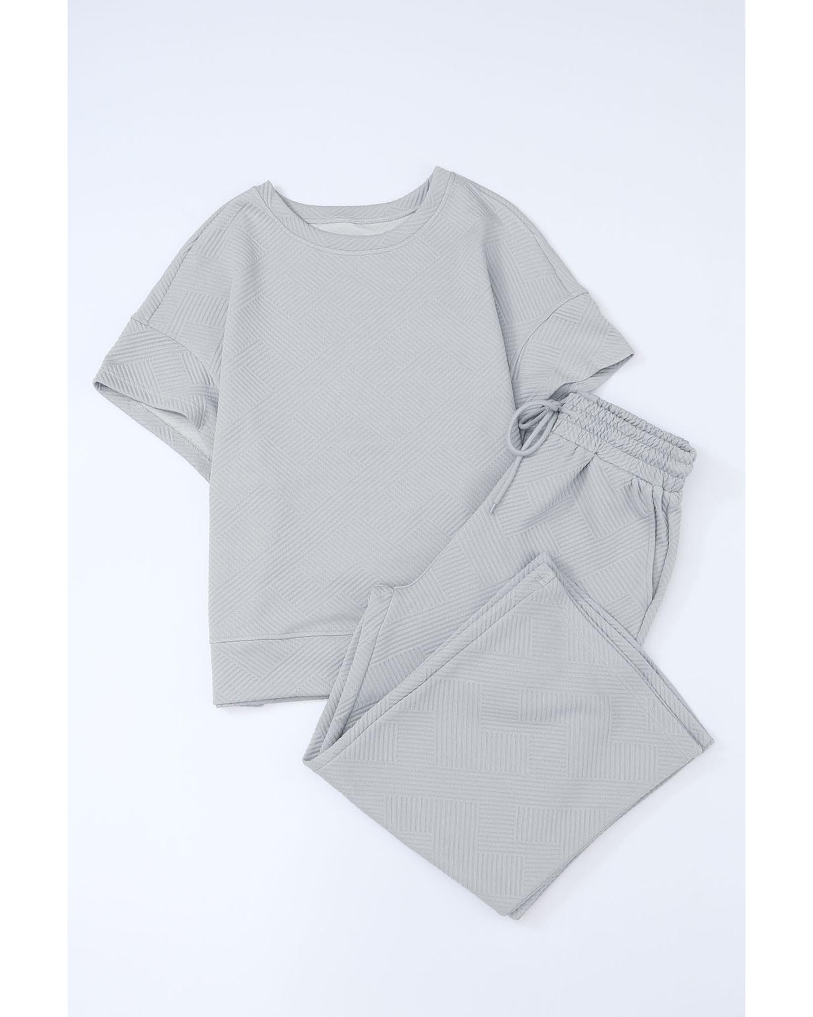 V539-AZEXDC625264-11-L-202508300040-00 Gray Textured Loose Fit T Shirt and Drawstring Pants Set - L - Image 1