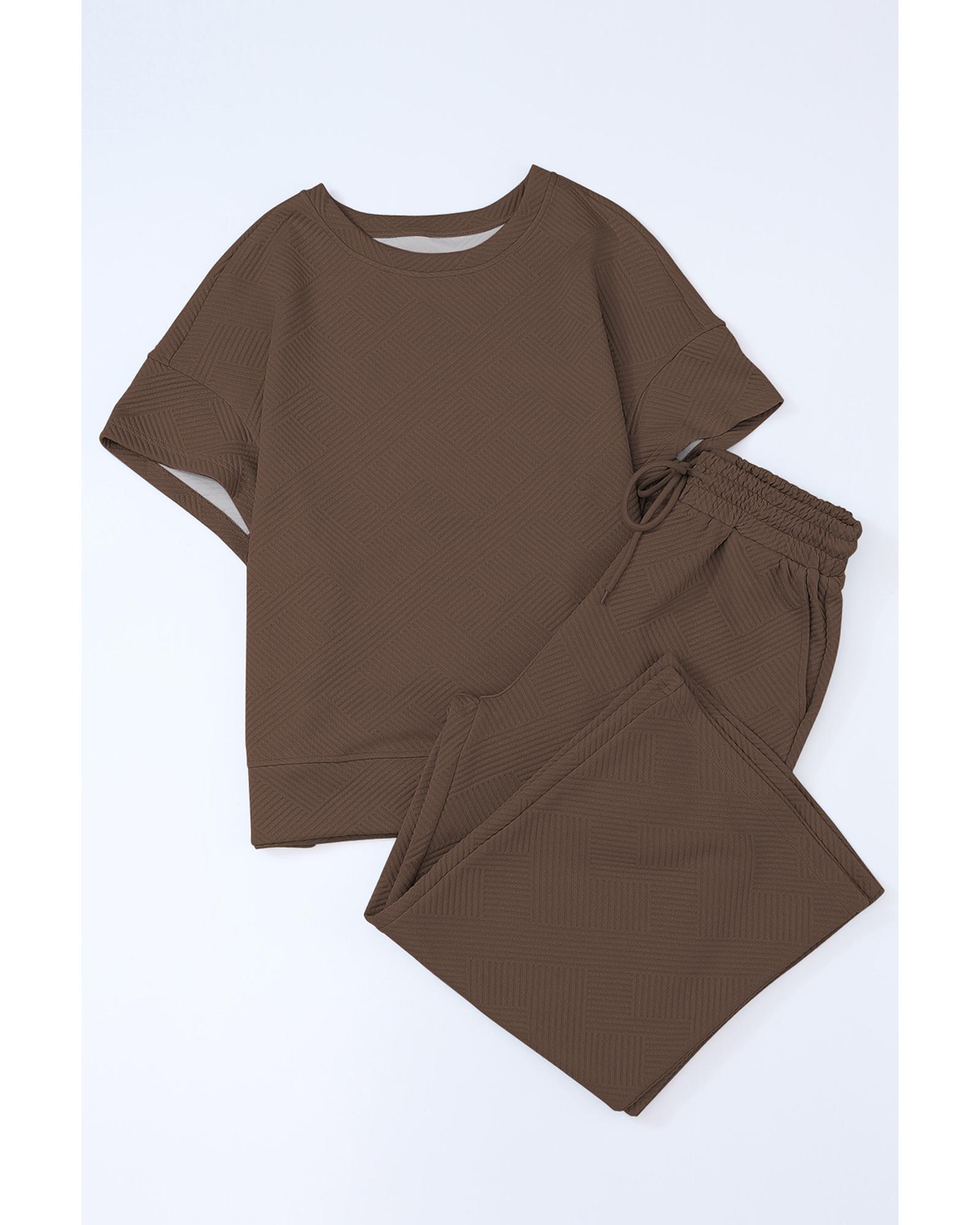 V539-AZEXDC625264-17-2XL-202508280610-02 Brown Textured Loose Fit T Shirt and Drawstring Pants Set - 2XL - Image 3