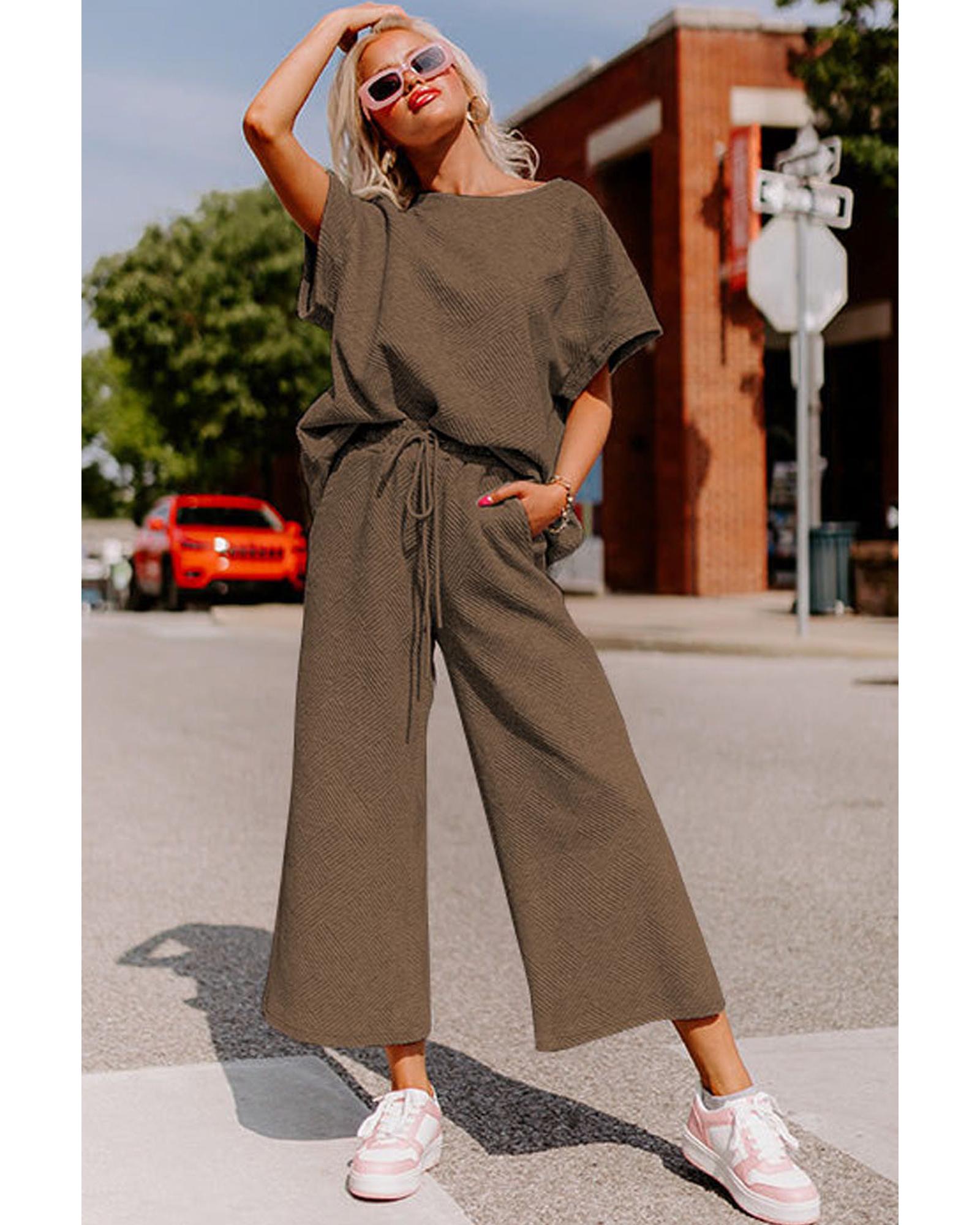 V539-AZEXDC625264-17-L-202508280925-05 Brown Textured Loose Fit T Shirt and Drawstring Pants Set - L - Image 6