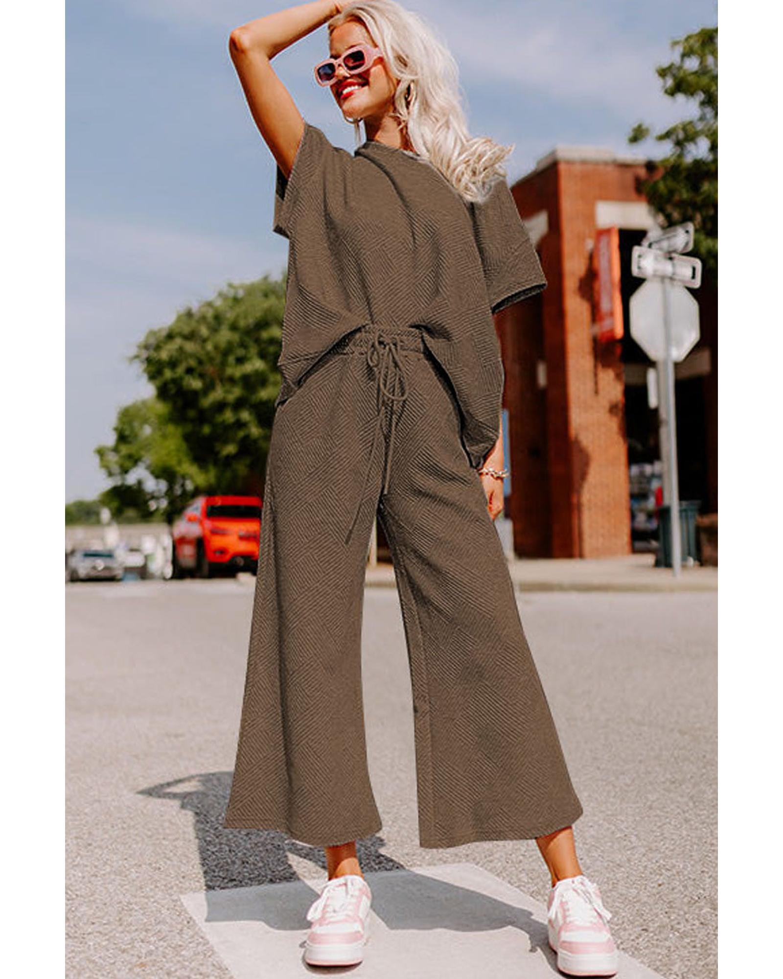 V539-AZEXDC625264-17-L-202508280925-07 Brown Textured Loose Fit T Shirt and Drawstring Pants Set - L - Image 8